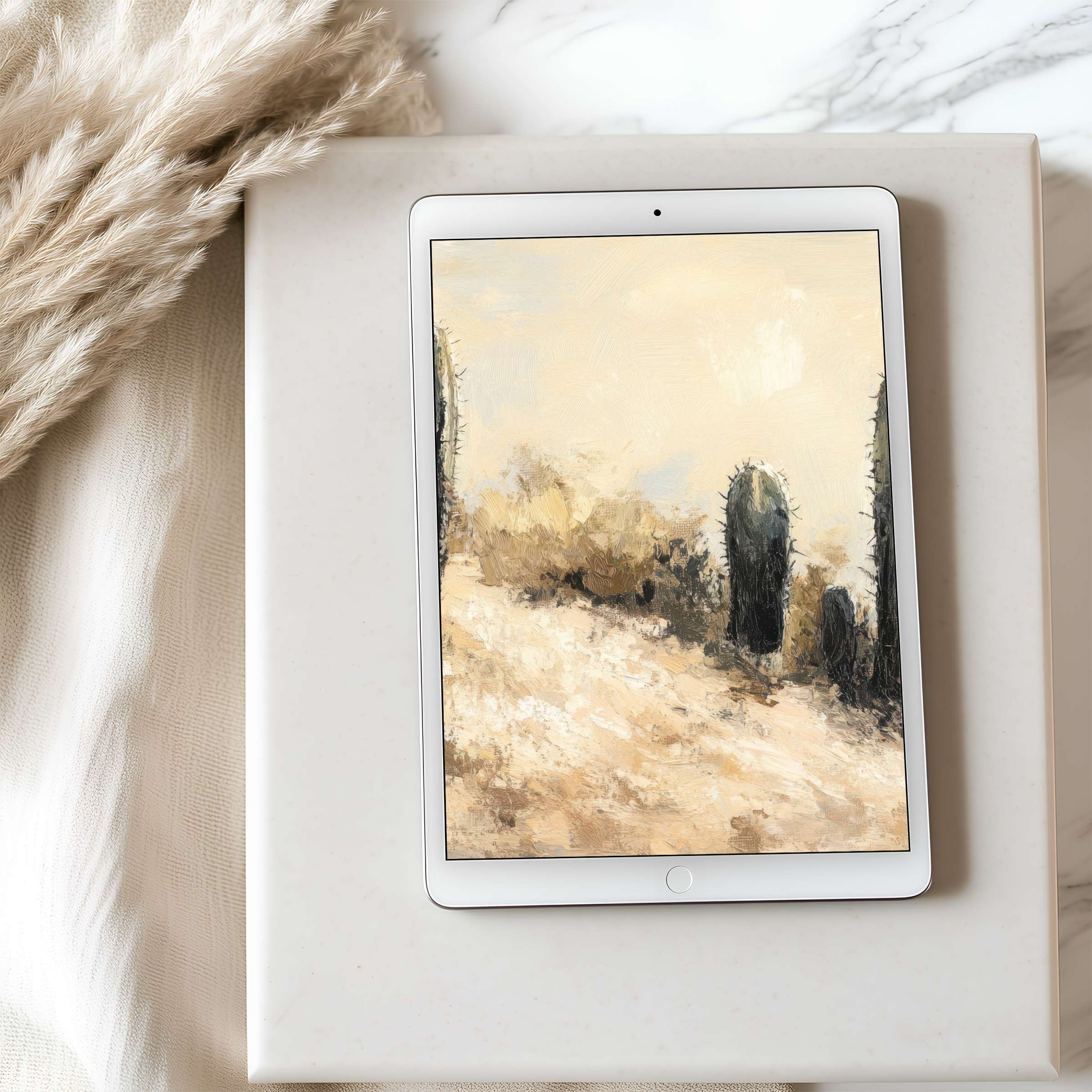 Elegant desert-inspired tablet wallpaper in soft beige tones on iPad, offering high resolution and calming digital download for decor enthusiasts