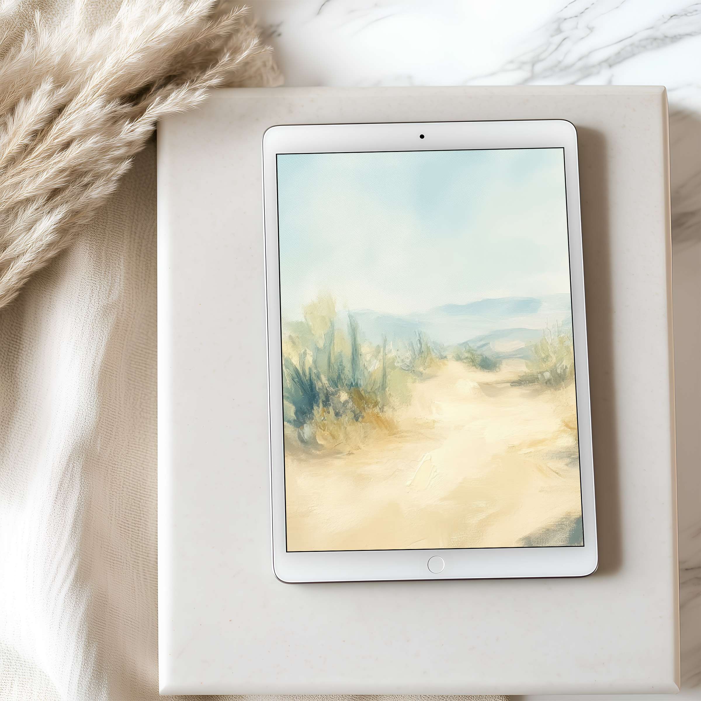 Elegant tablet wallpaper with serene pastel landscape on iPad, perfect for calming ambiance, high resolution digital download