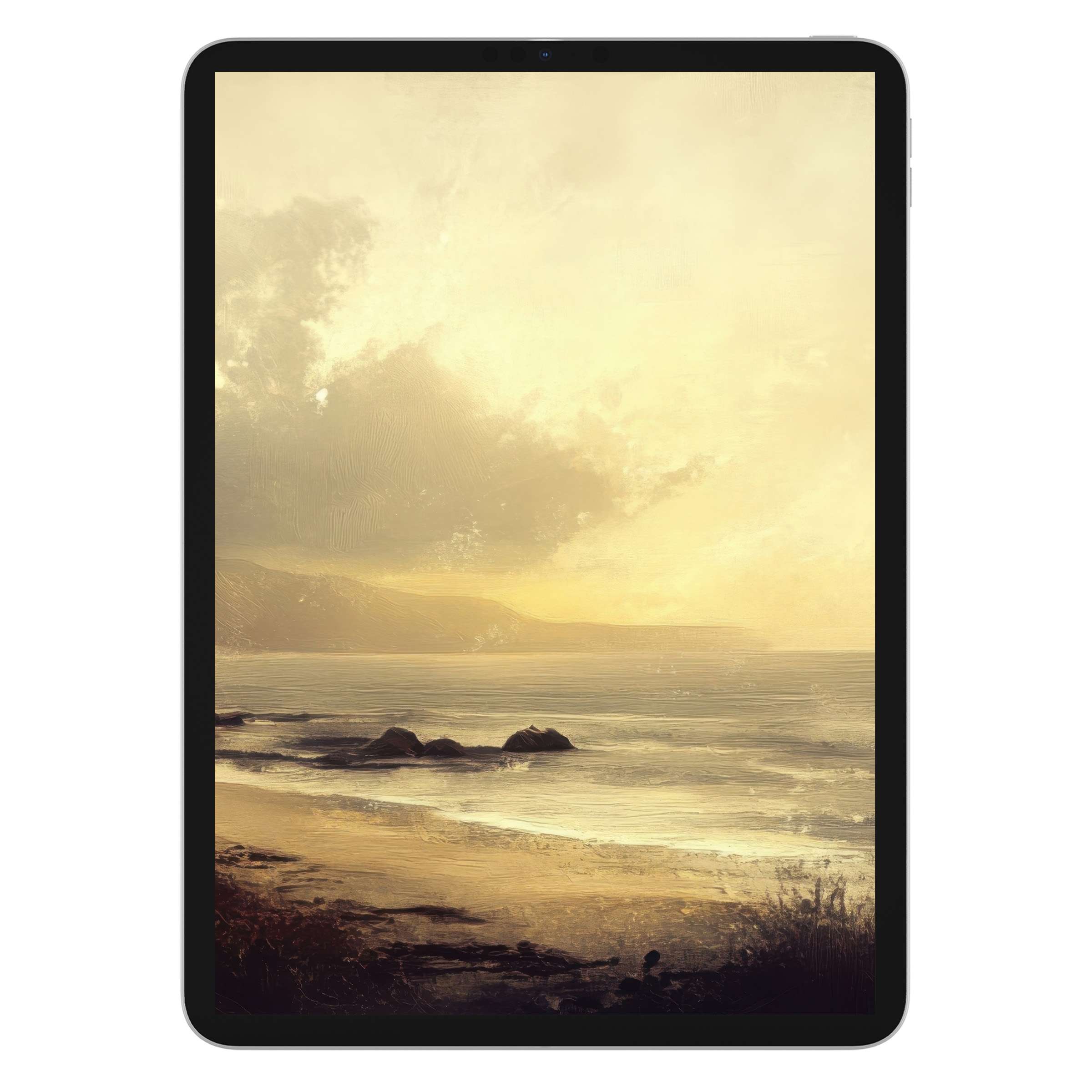 Tranquil landscape iPad wallpaper with golden hues of a serene ocean view, ideal digital download for tablet background beauty