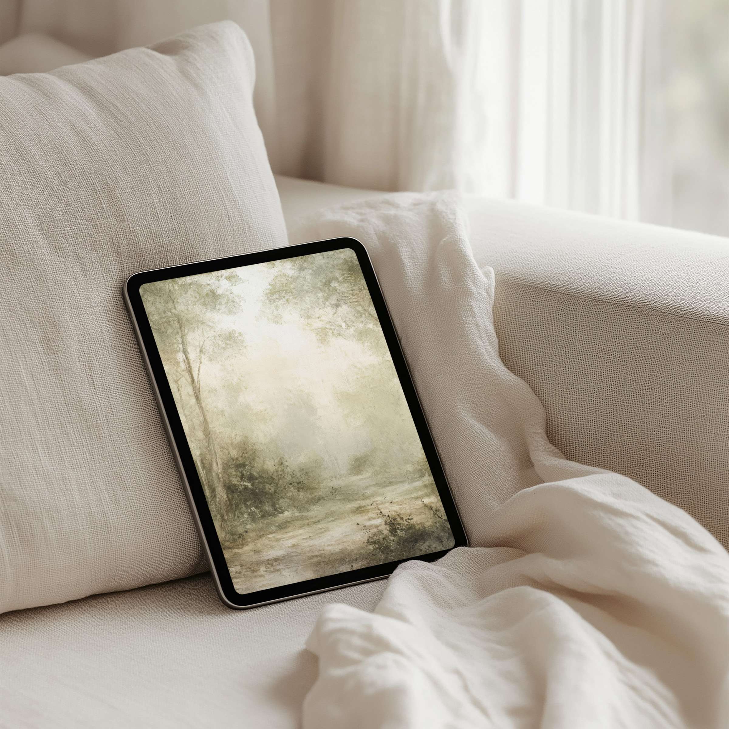 Elegant forest-inspired iPad background offers calm and mindful aesthetics for your tablet instant download to inspire serenity
