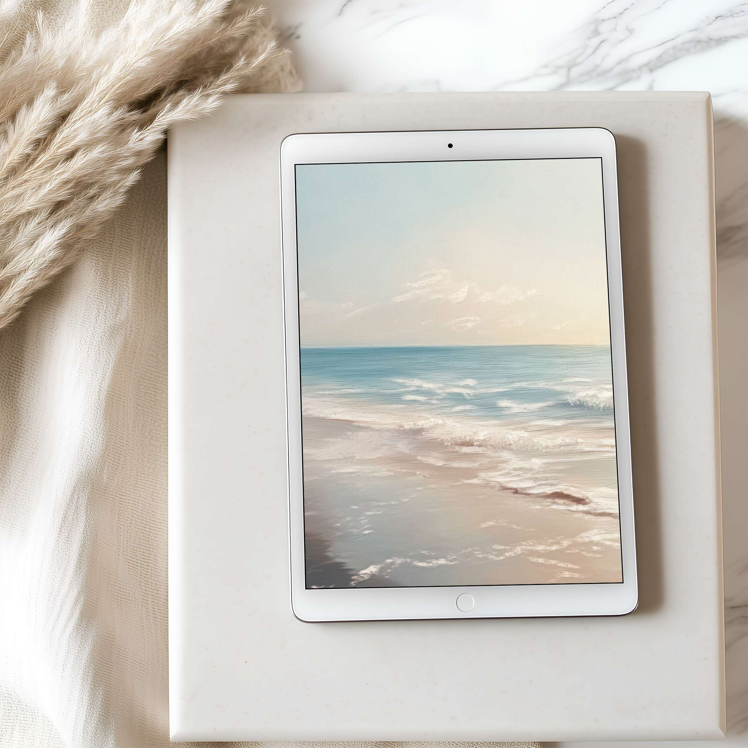 Elegant beach scene tablet wallpaper, perfect for iPad and Android tablets, offers a serene digital download for high resolution aesthetics
