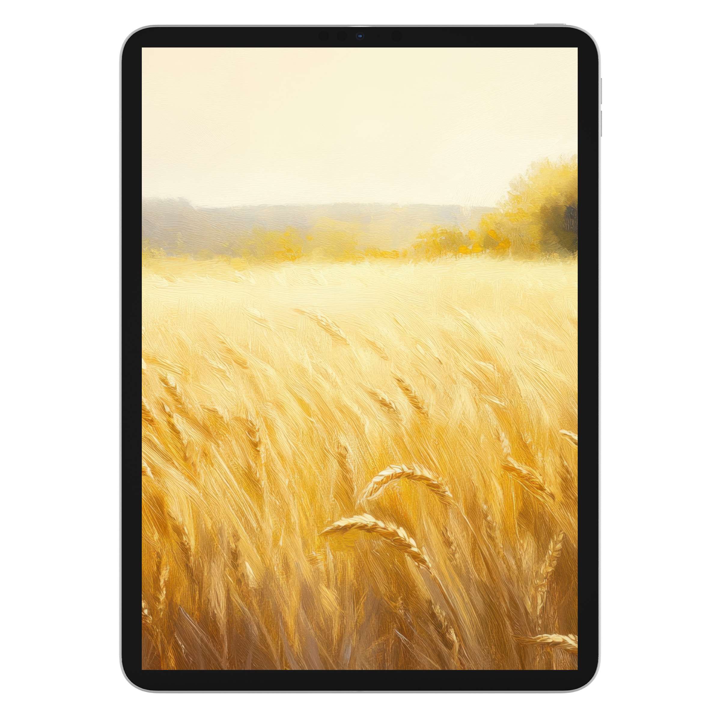 Golden wheat fields under a soft, warm light create a serene landscape iPad wallpaper for tablet background digital download use