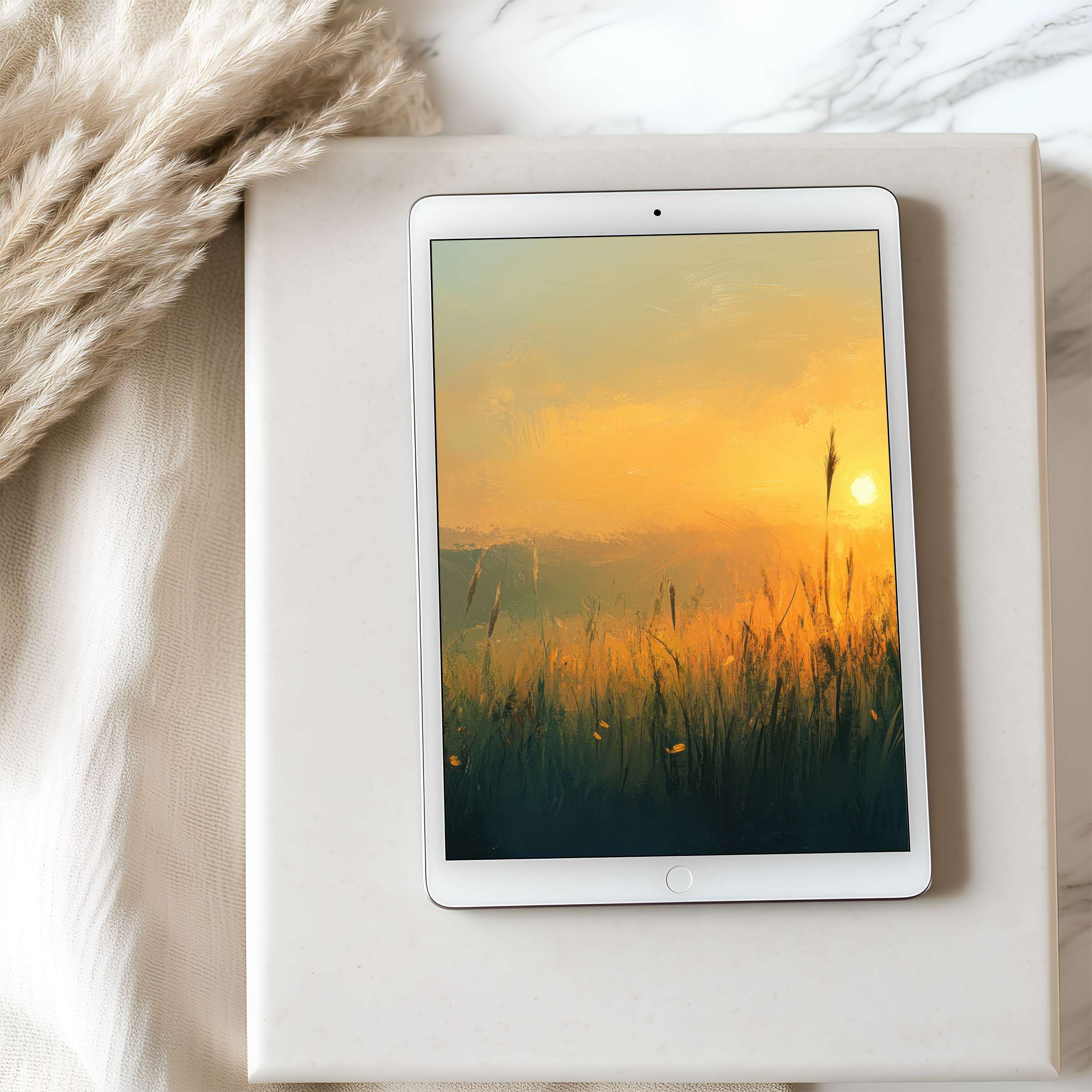 Sunset landscape tablet wallpaper displaying warm hues and nature motif perfect for iPad high resolution digital download enhancing ambiance