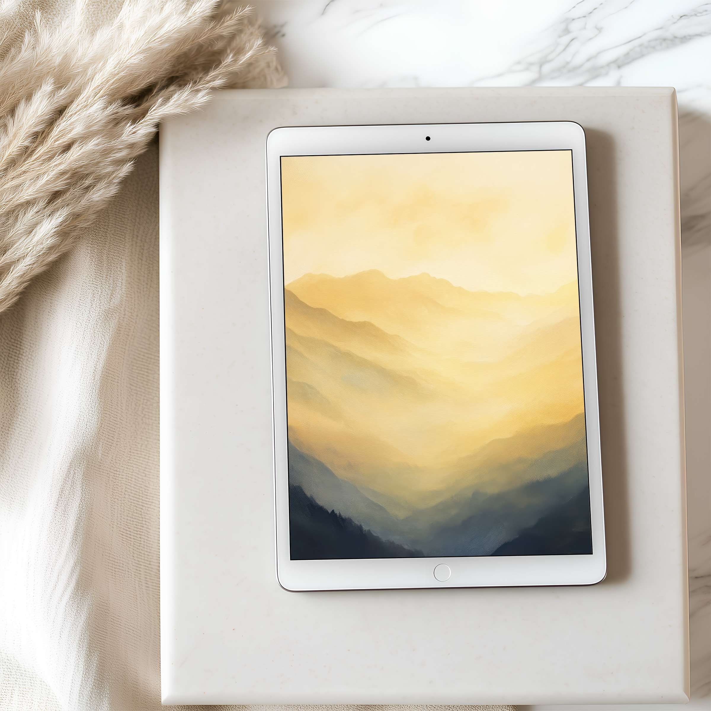 Elegant mountain hues on tablet wallpaper offer a serene digital download for iPads, perfect for design-conscious interiors seeking calm