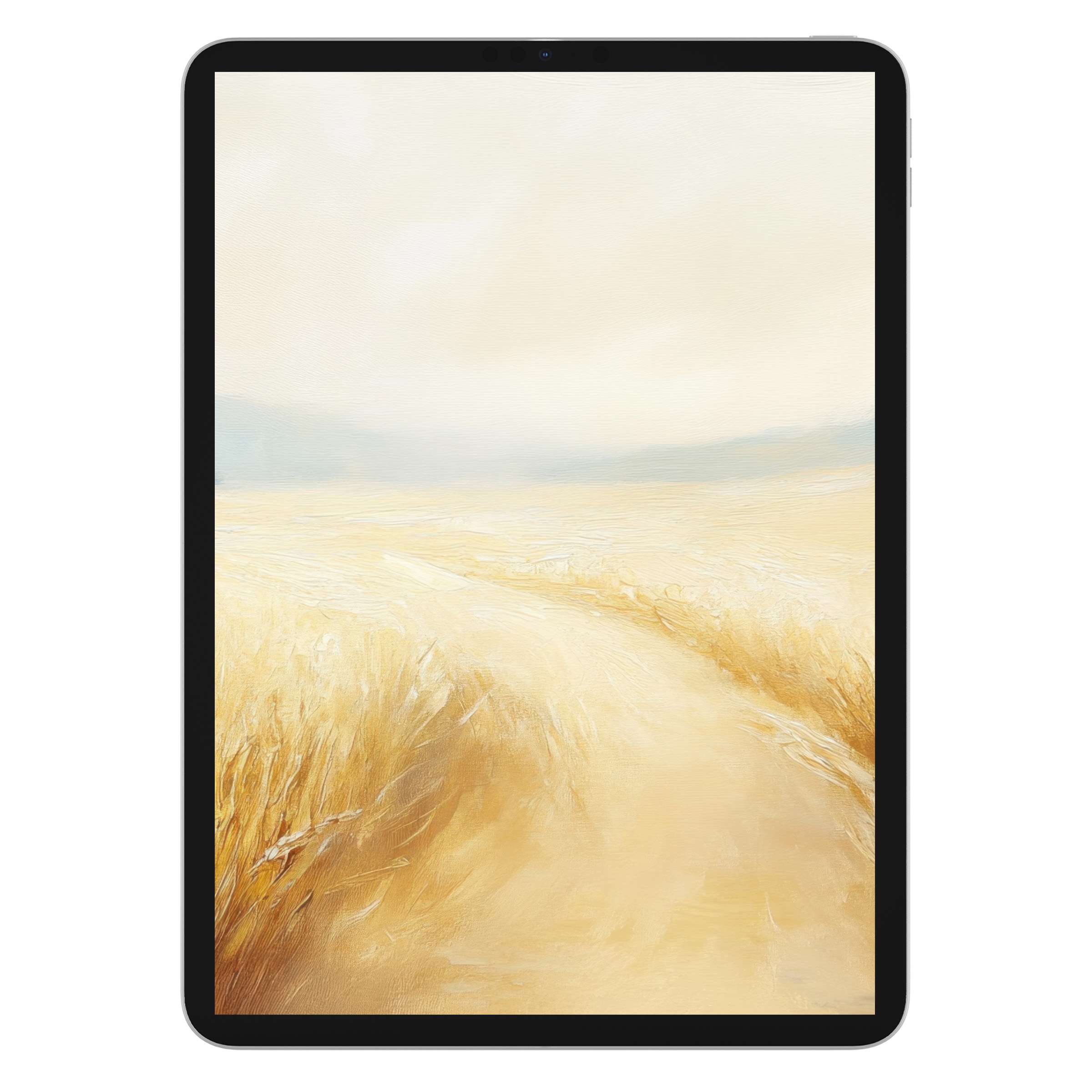 Serene landscape iPad wallpaper digital download with soft golden fields and a tranquil horizon, ideal background for any tablet use