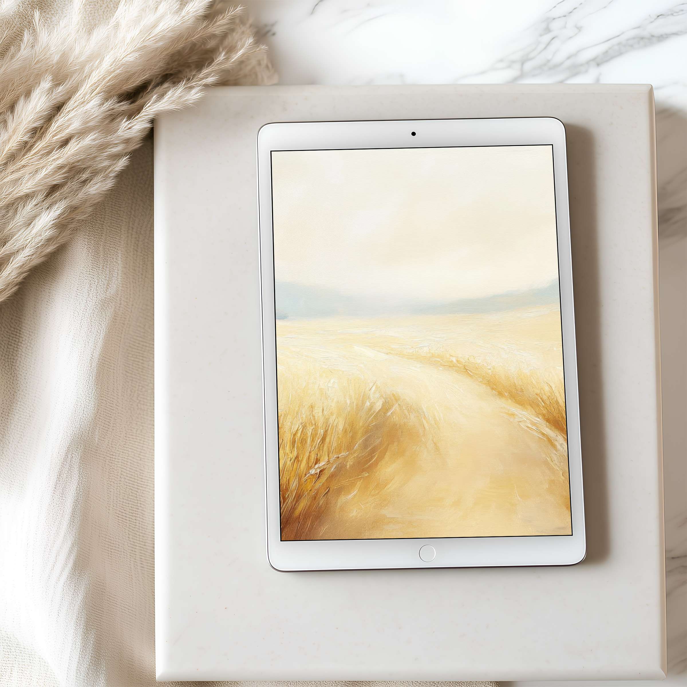 Elegant tablet wallpaper depicting serene golden fields under a soft sky perfect for high resolution iPad and Android tablets