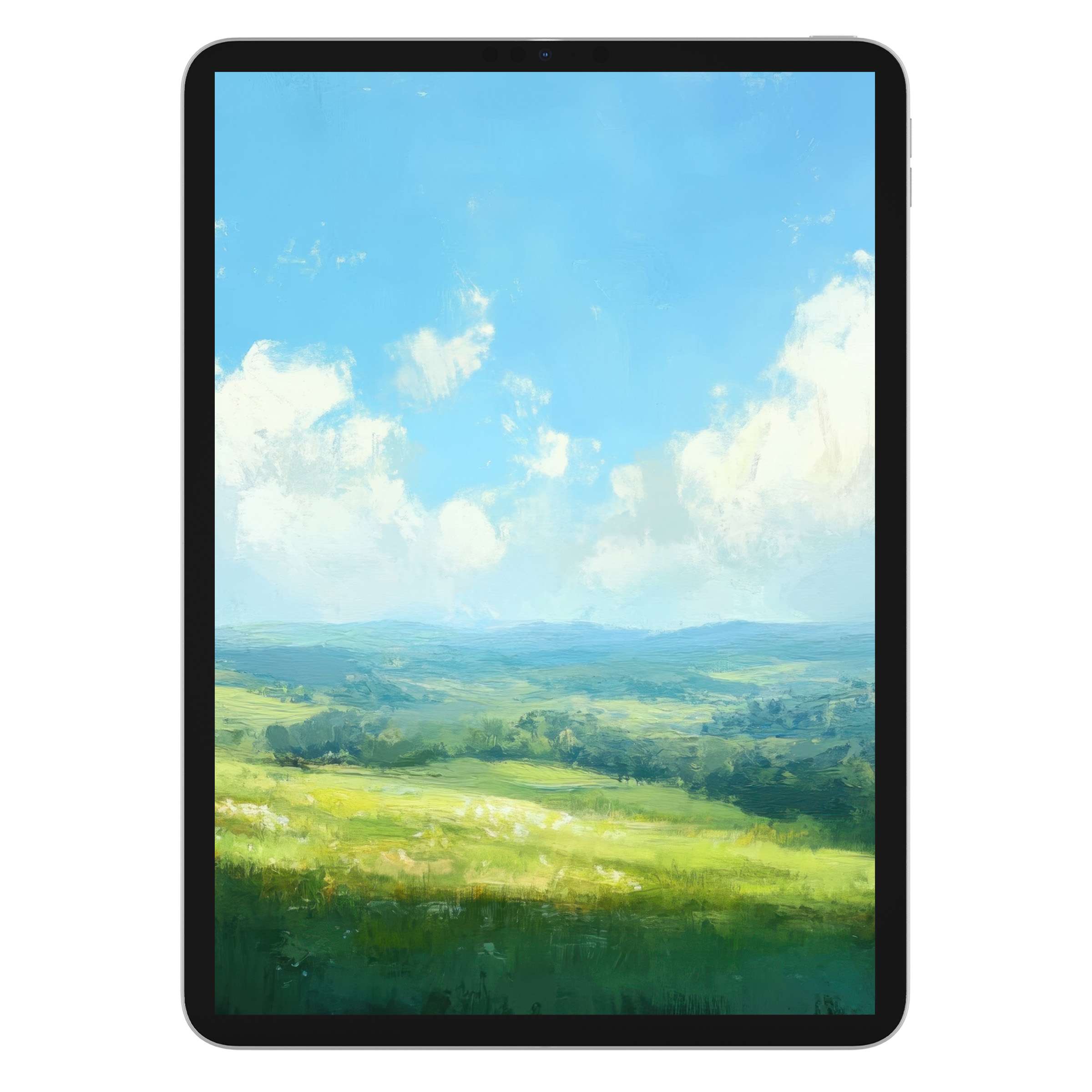 Serene landscape iPad wallpaper featuring lush green fields and a bright blue sky ideal for digital download tablet background