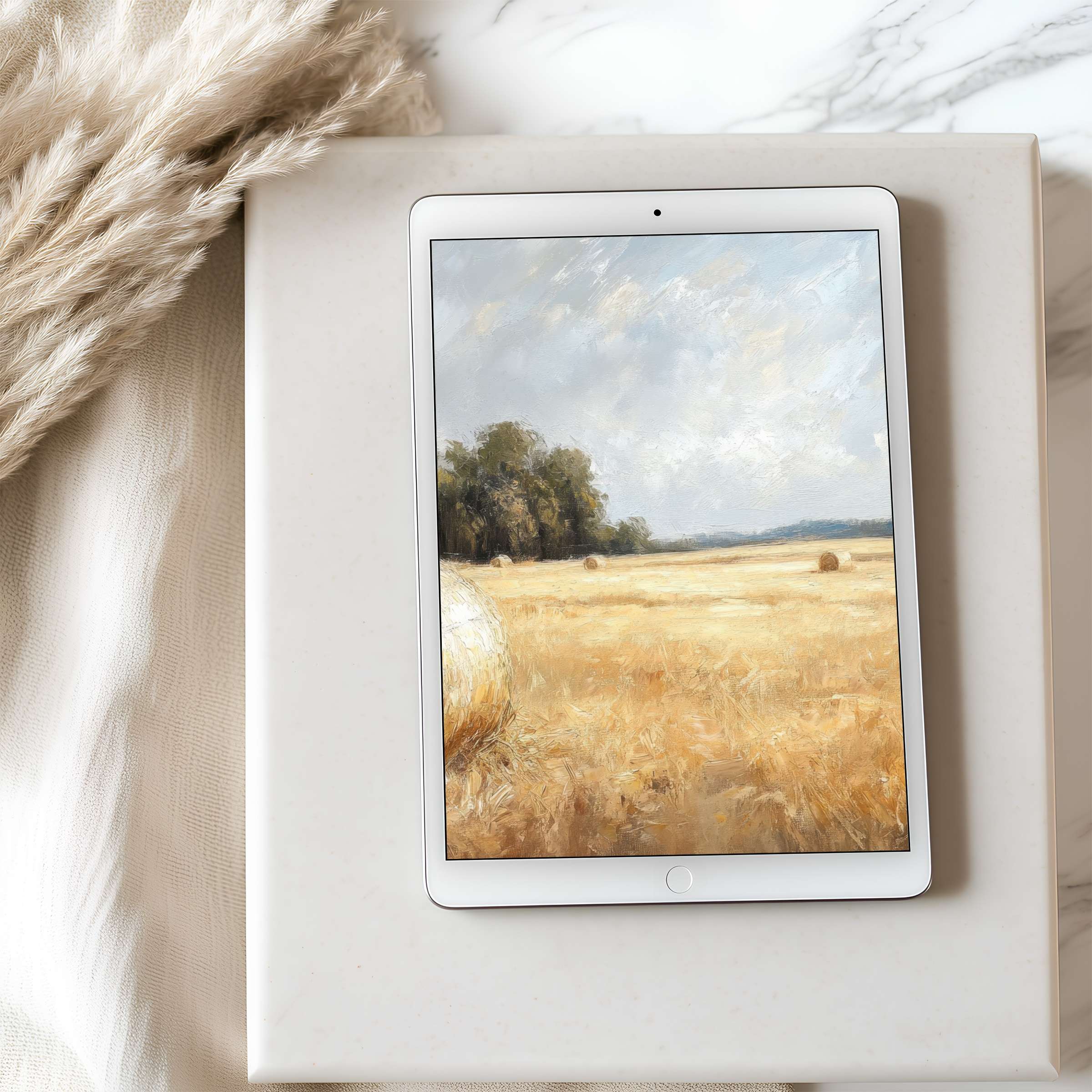Serene tablet wallpaper featuring a high-resolution landscape painting with soft pastels adds calm elegance to any iPad or Android device