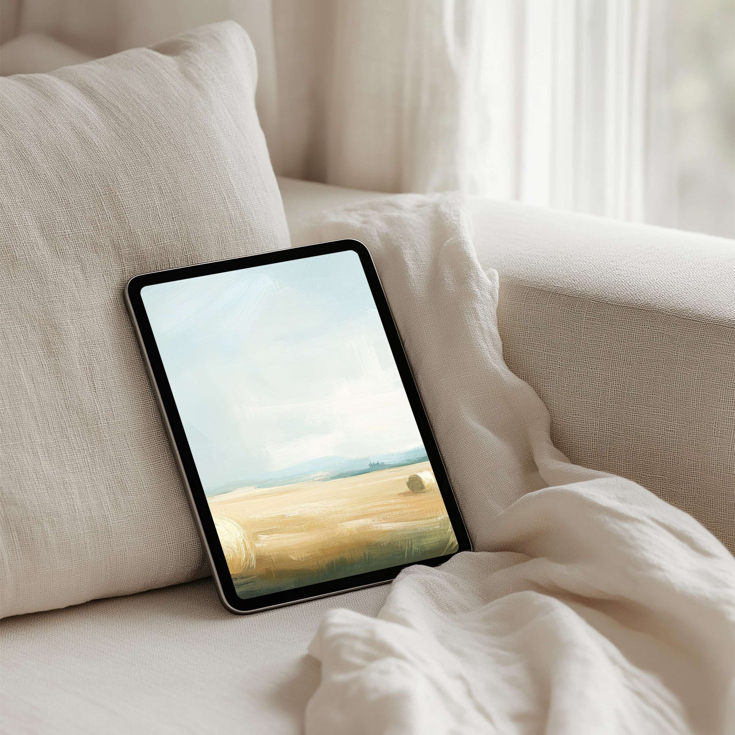 Elegant iPad background for tablets captures serene fields in soft hues, offering instant download to inspire calm mindfulness