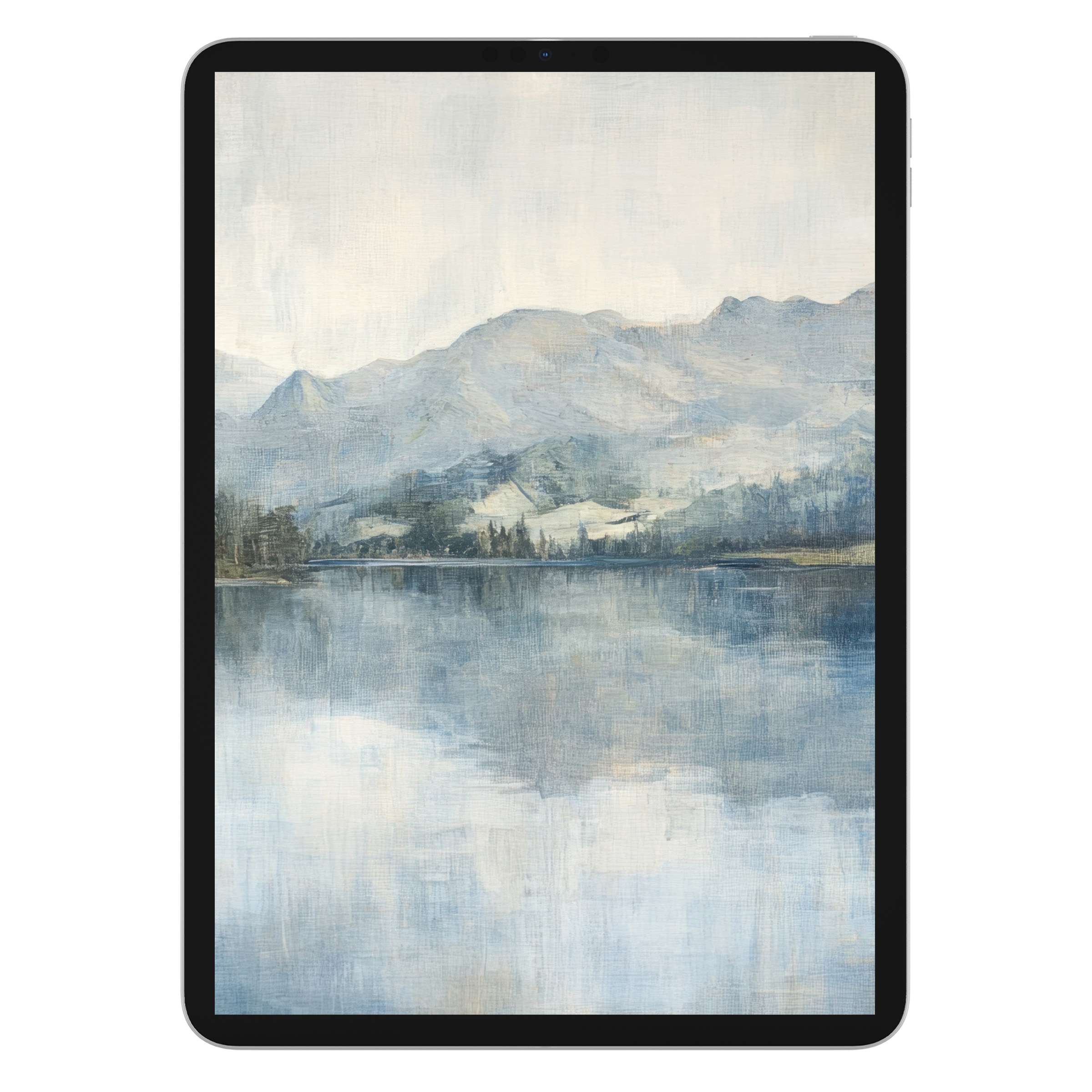 Elegant landscape iPad wallpaper with soft mountains reflecting on a tranquil lake; ideal digital download for tablet backgrounds