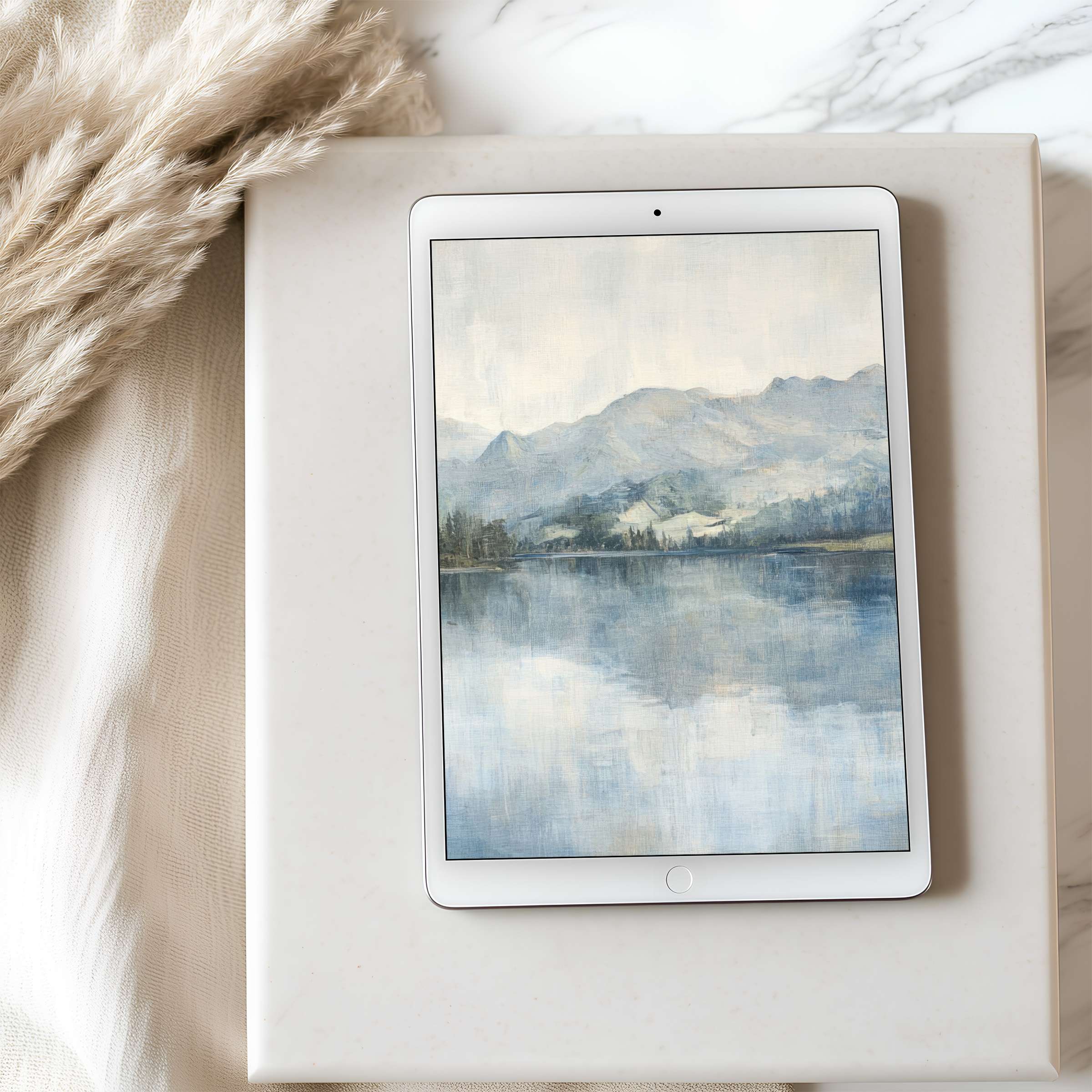 Serene mountain landscape tablet wallpaper in high resolution, perfect for iPad or Android Elevate your digital space with this calming, elegant design