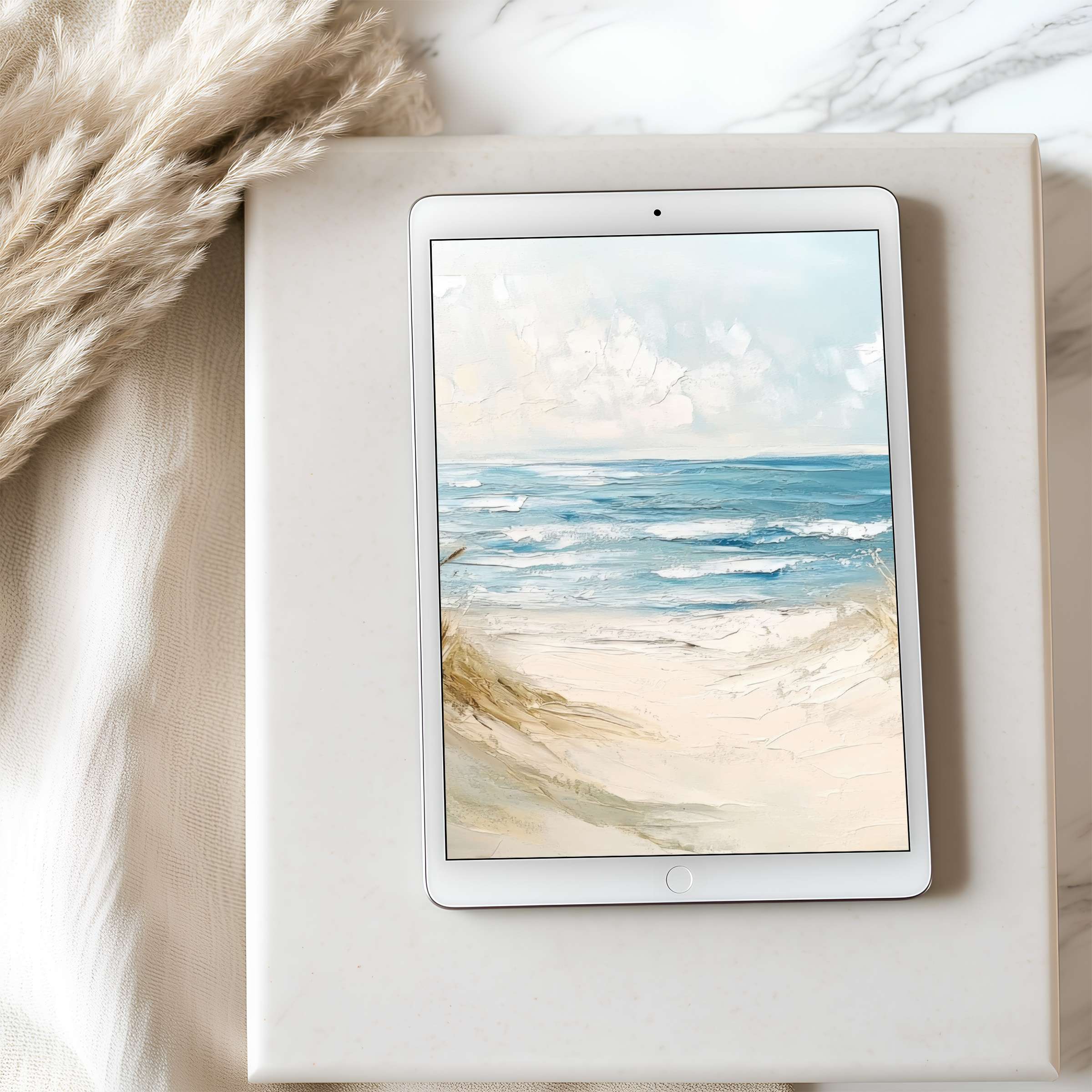 Elegant tablet wallpaper featuring serene beach scene in soft blues and creams perfect for high resolution digital download tablets