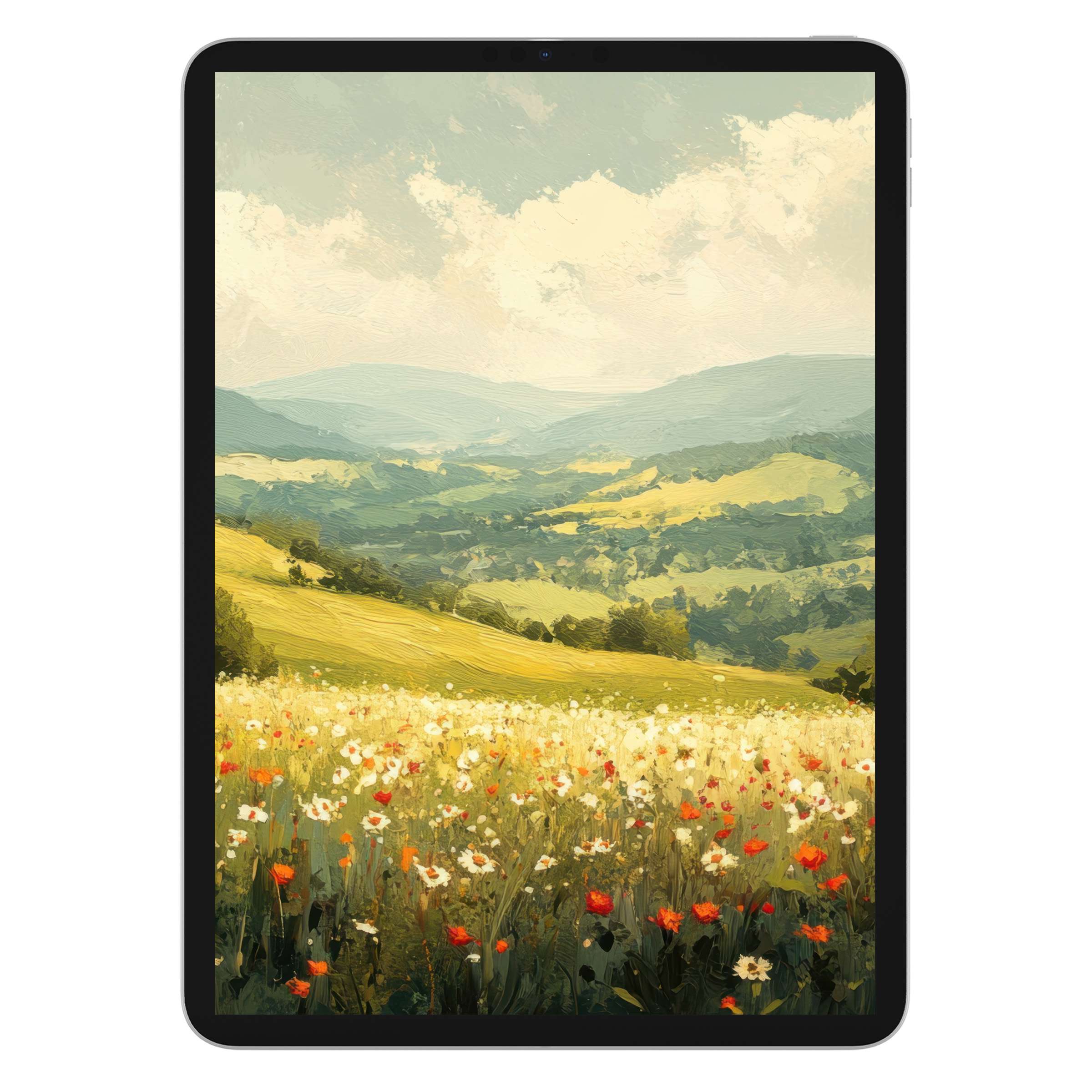 Serene landscape iPad wallpaper showcasing lush fields and vibrant wildflowers digital download for calming tablet background use