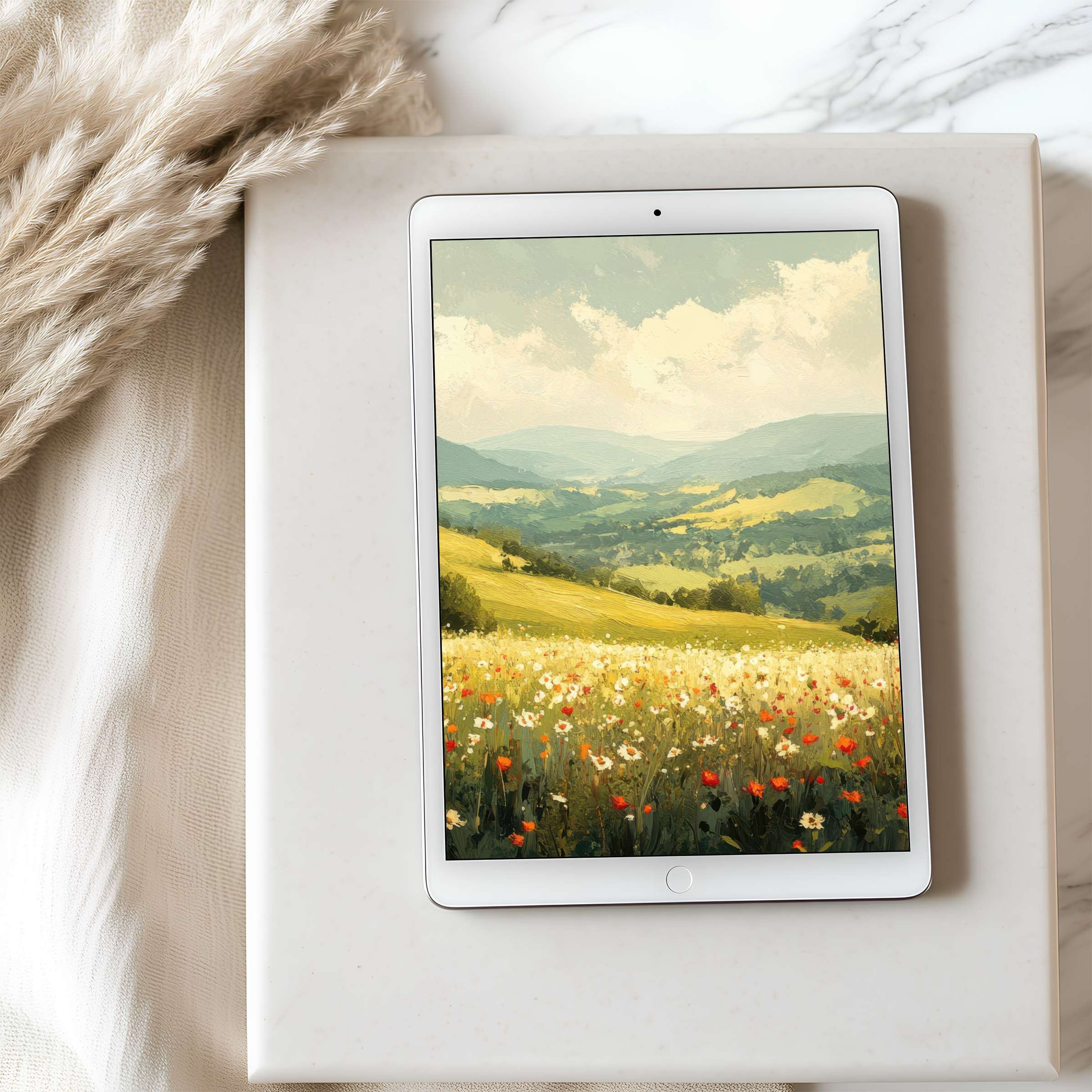 Elegant floral tablet wallpaper featuring serene fields and mountains in high resolution for iPad and Android, perfect for calm spaces