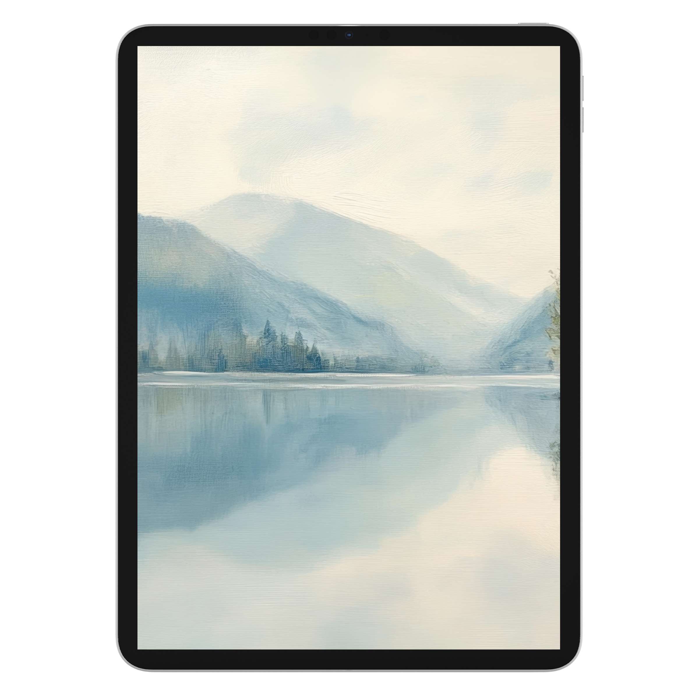 Serene landscape iPad wallpaper with soft blue mountains and tranquil lake reflection for a calming tablet background digital download