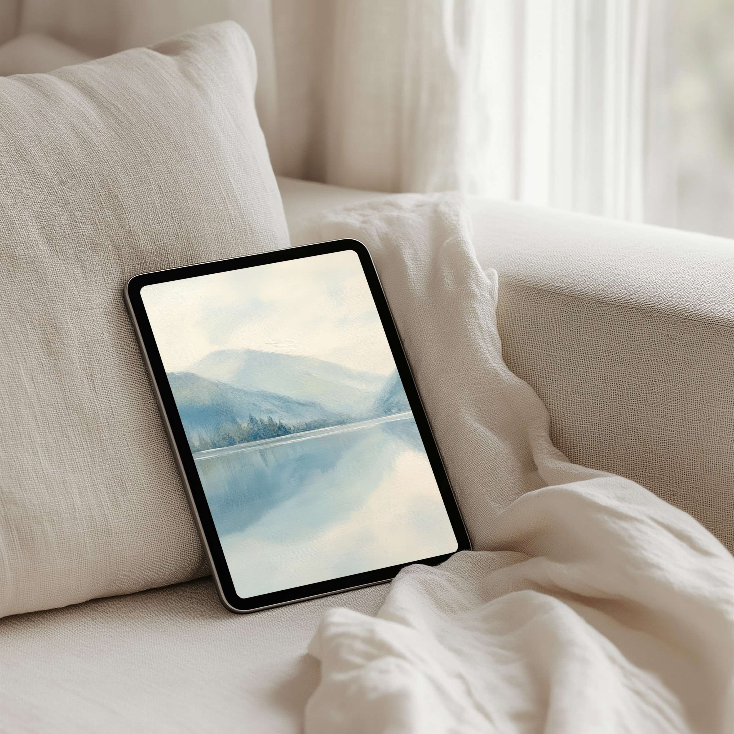 Serene mountain reflection art as iPad background offers mindfulness and elegance for tablet users with instant download options
