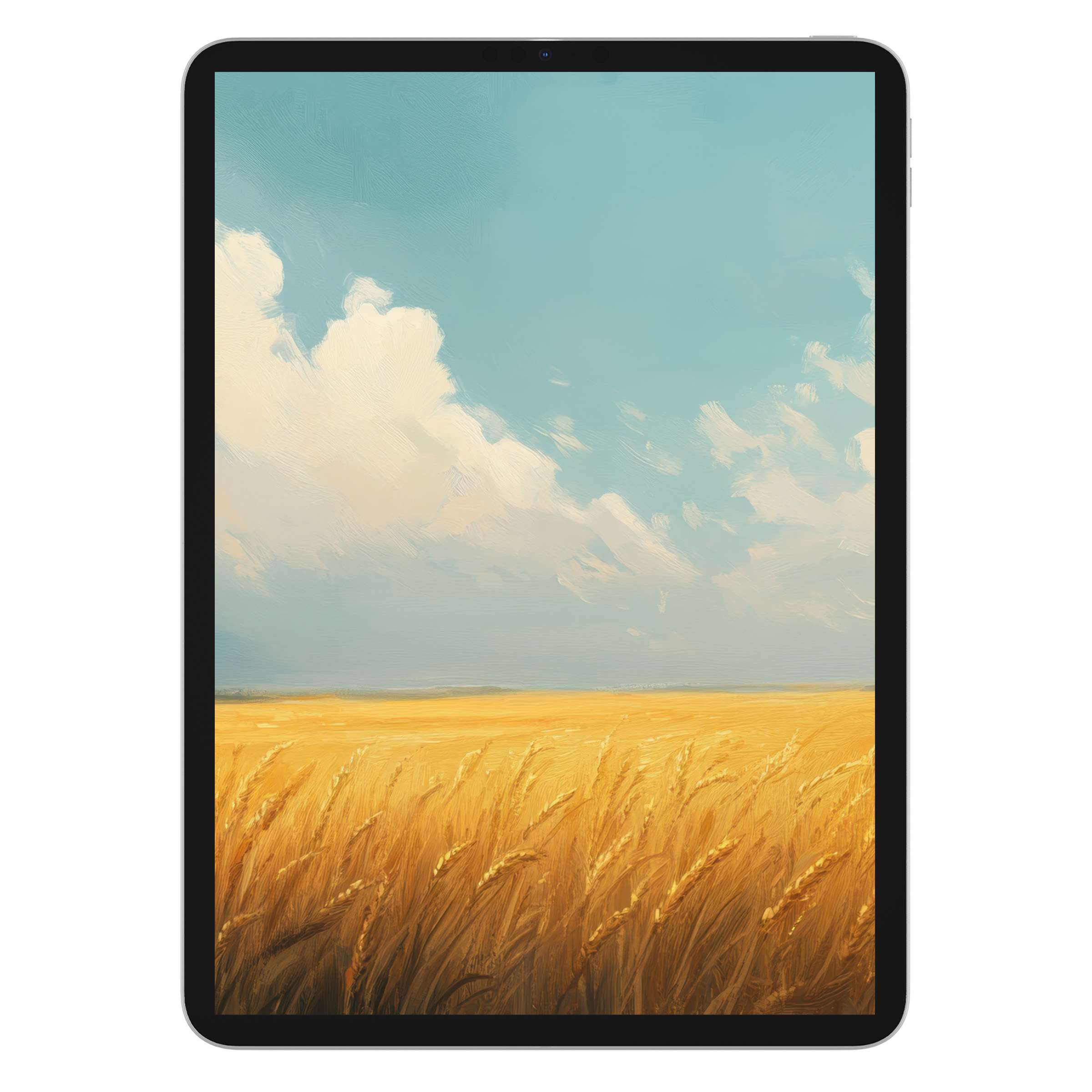 Golden wheat field under a serene blue sky, perfect landscape iPad wallpaper digital download for elegant tablet background use
