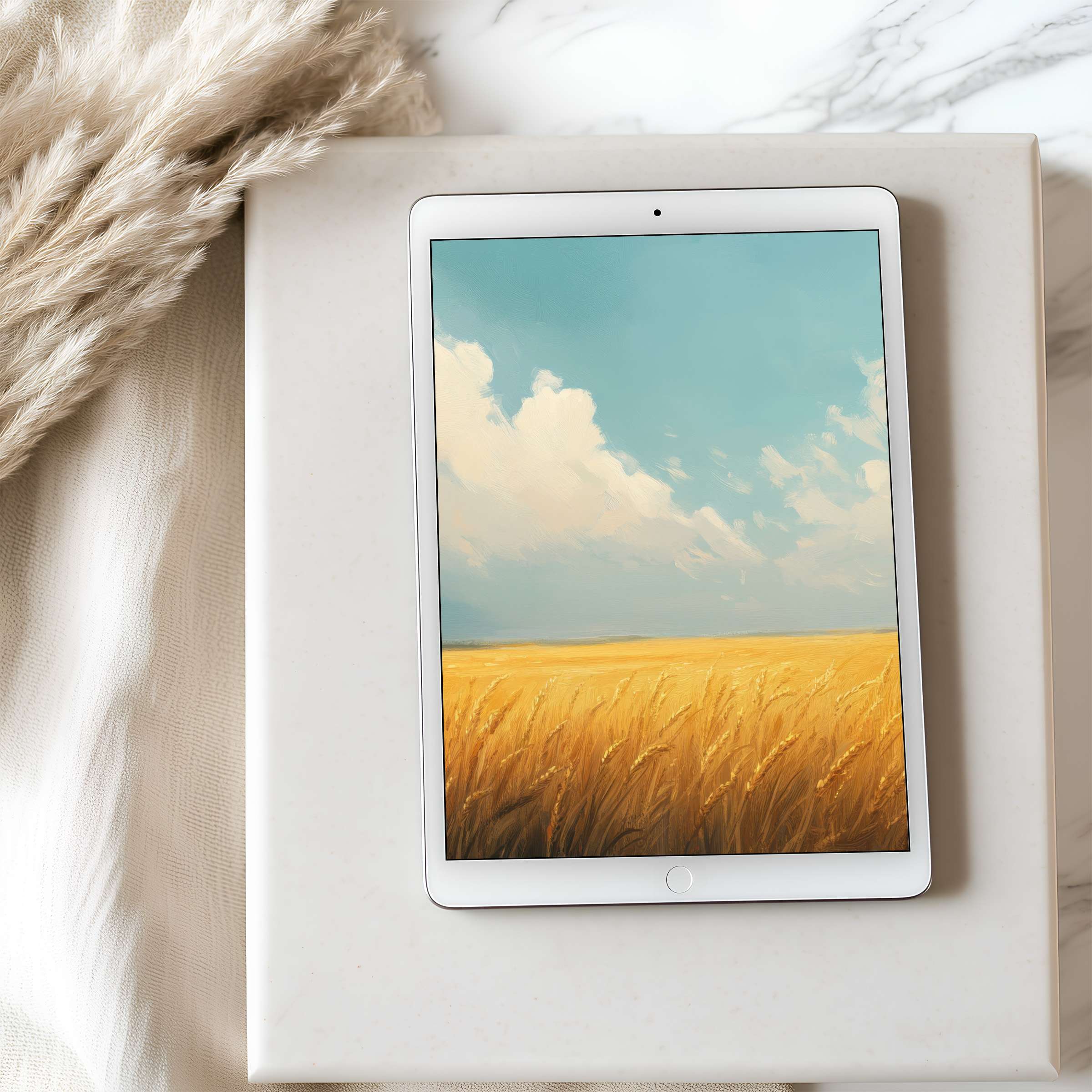 Vibrant field under a serene sky on high-resolution tablet wallpaper enhances any iPad or Android, offering calm digital download