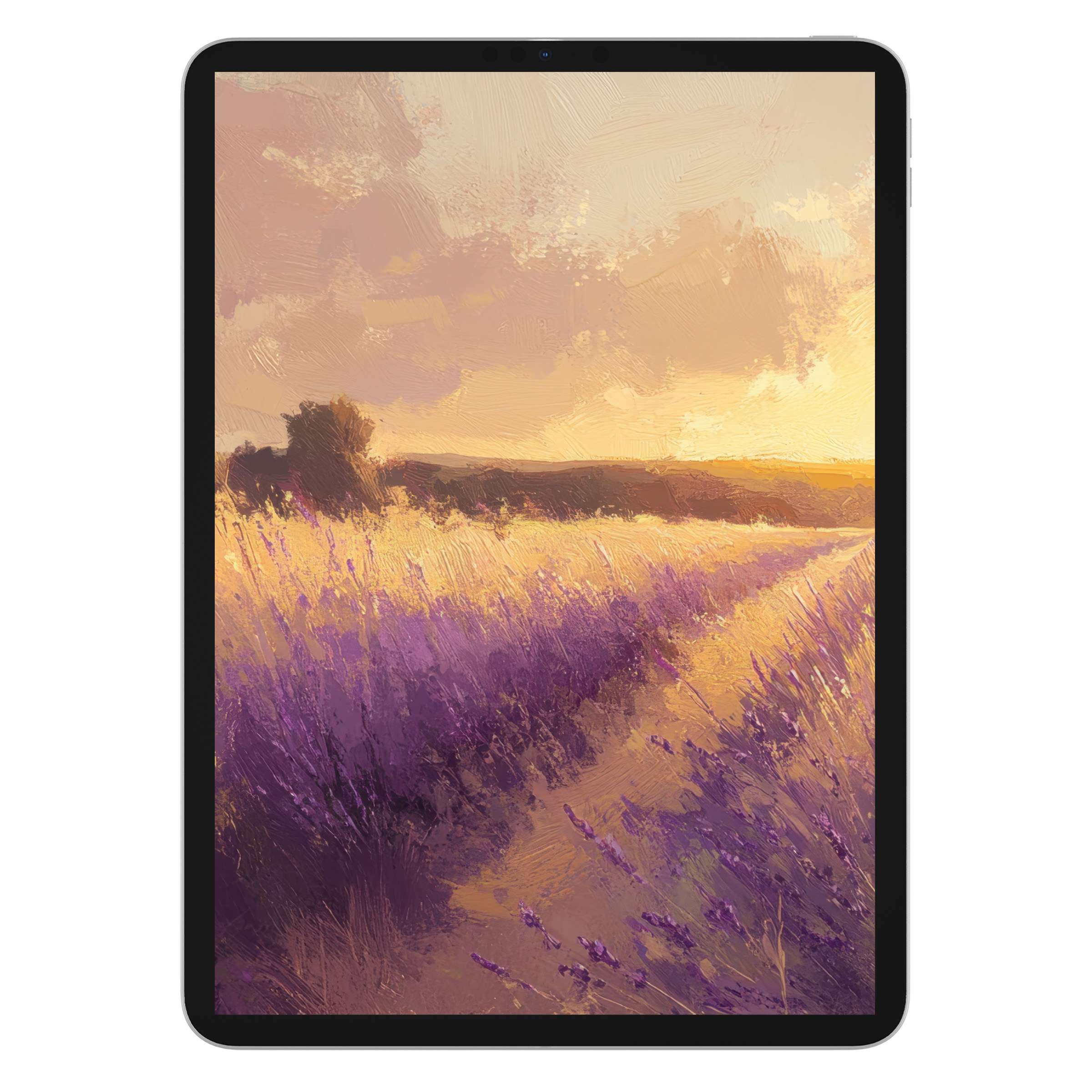 Vibrant lavender fields under a golden sunset make this landscape iPad wallpaper an elegant digital download for tablet backgrounds