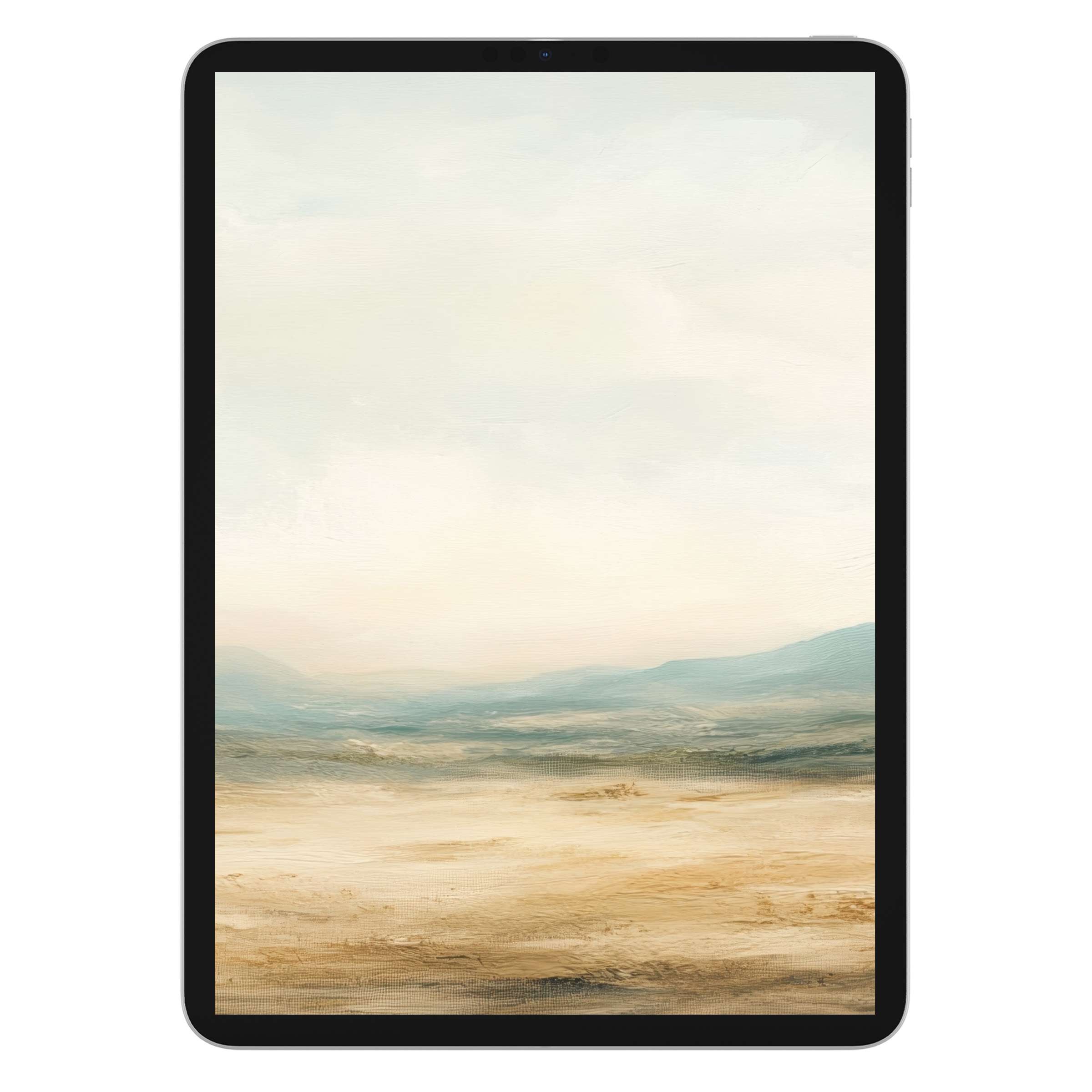 Elegant landscape iPad wallpaper with soft beige and blue hues, perfect digital download for a serene tablet background ambiance