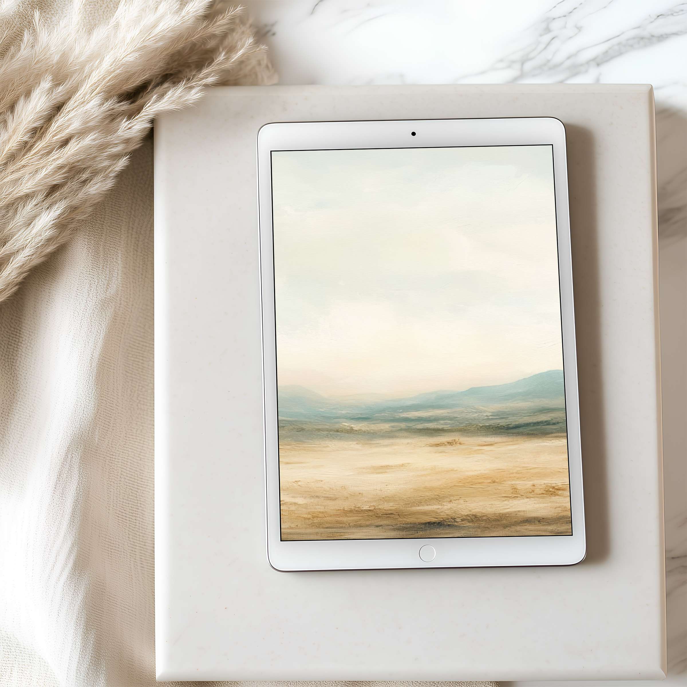 Elegant beige and blue abstract tablet wallpaper offers serene landscapes, perfect for iPad or Android, high resolution digital download