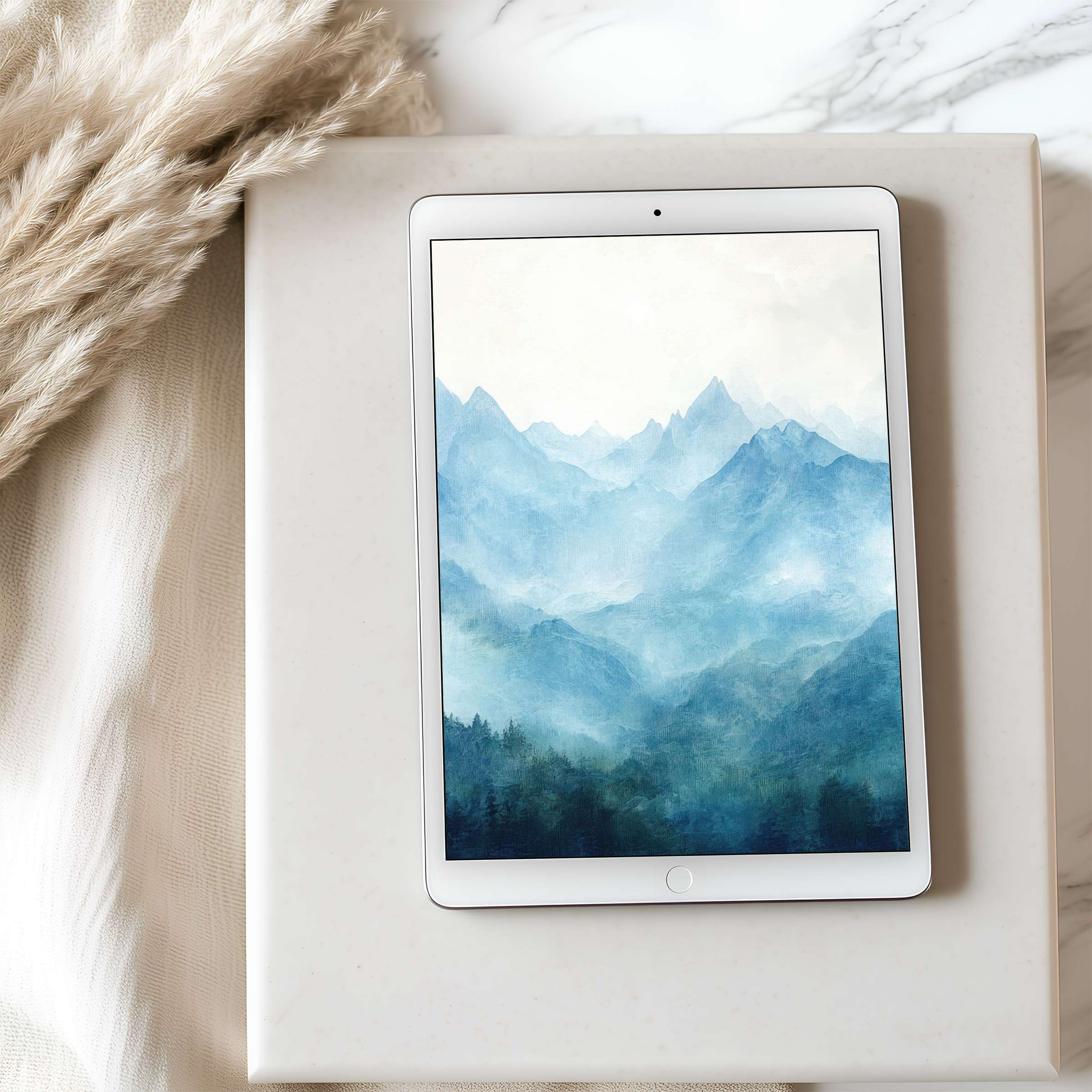 Serene blue mountains digital art as tablet wallpaper offers high resolution tranquility, harmonizing with elegant, minimalist interiors