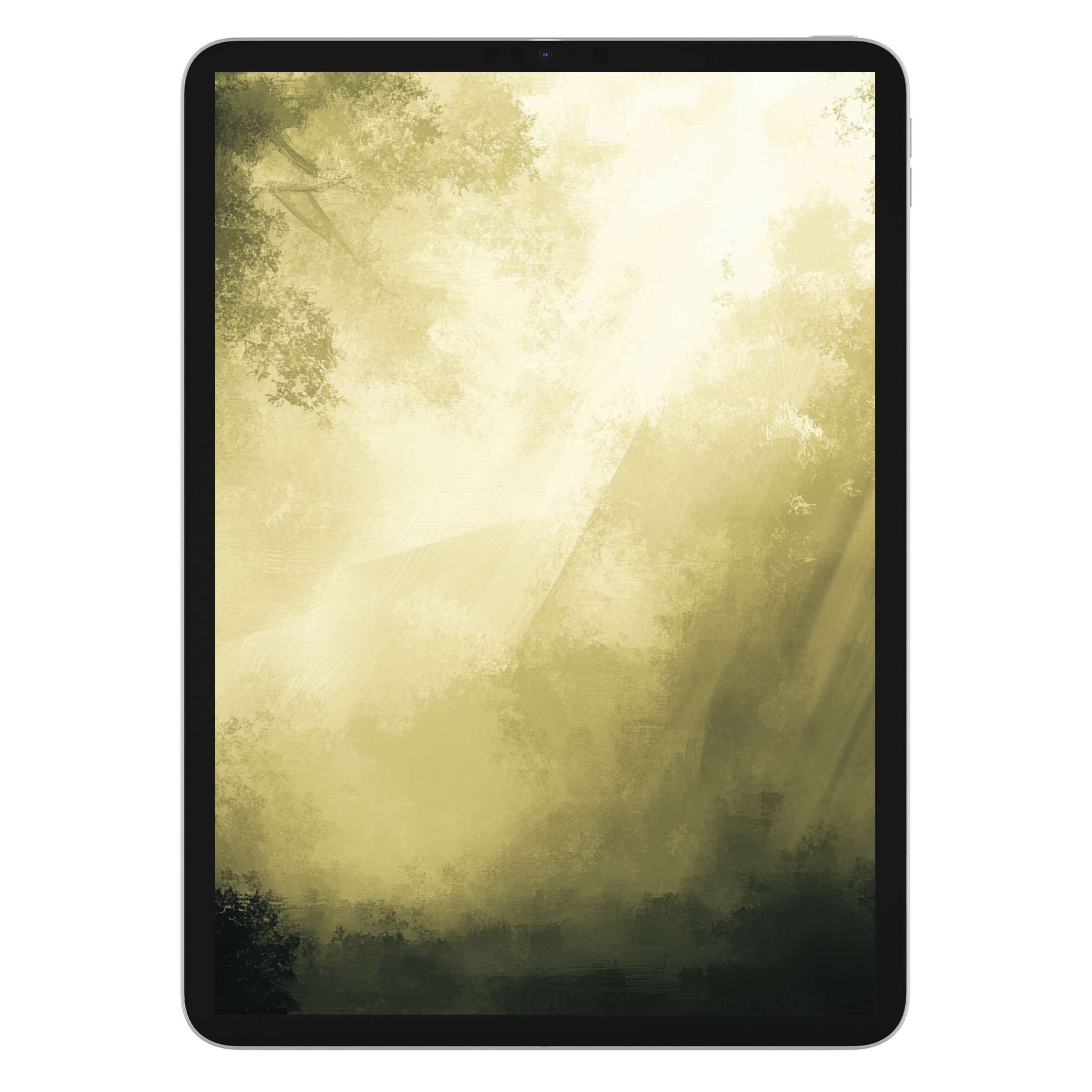 Elegant landscape iPad wallpaper featuring soft, muted greens and light rays, perfect digital download background for tablet serenity
