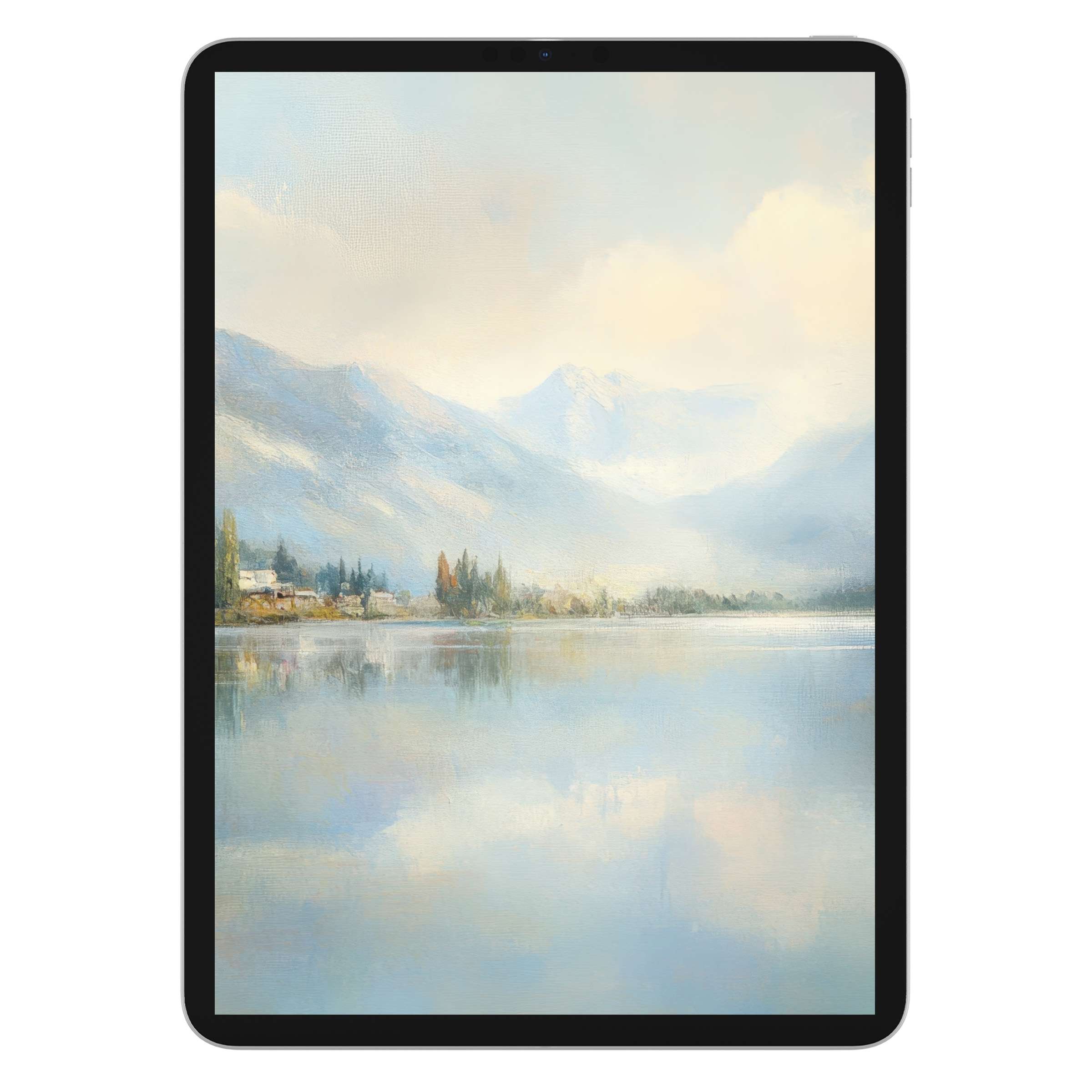 Dreamy mountain landscape iPad wallpaper as digital download with serene pastel hues, ideal for tablet background art, enhancing calm