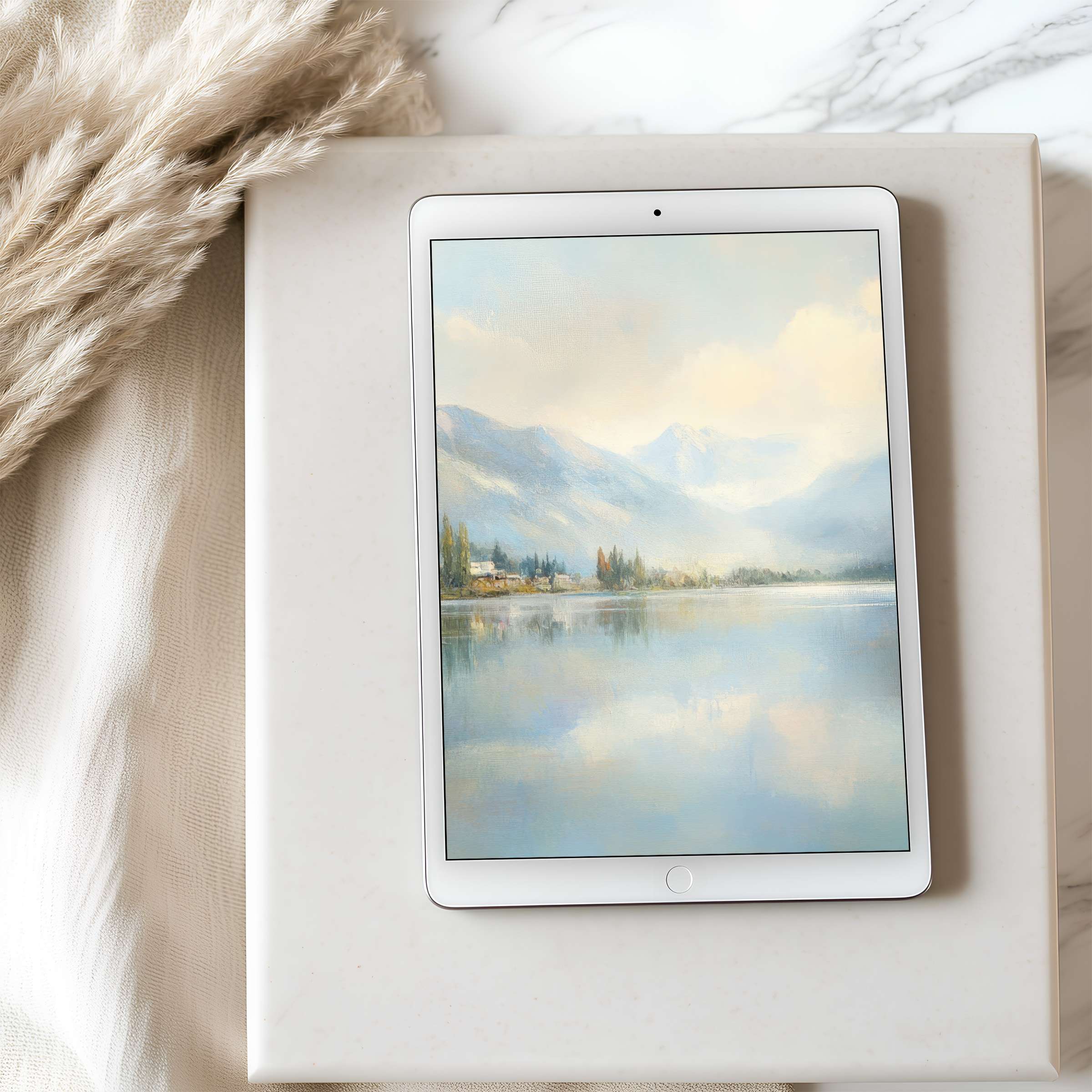 Elegant tablet wallpaper featuring serene mountain lake in soft pastels, perfect for high resolution iPad or Android tablets, digital download