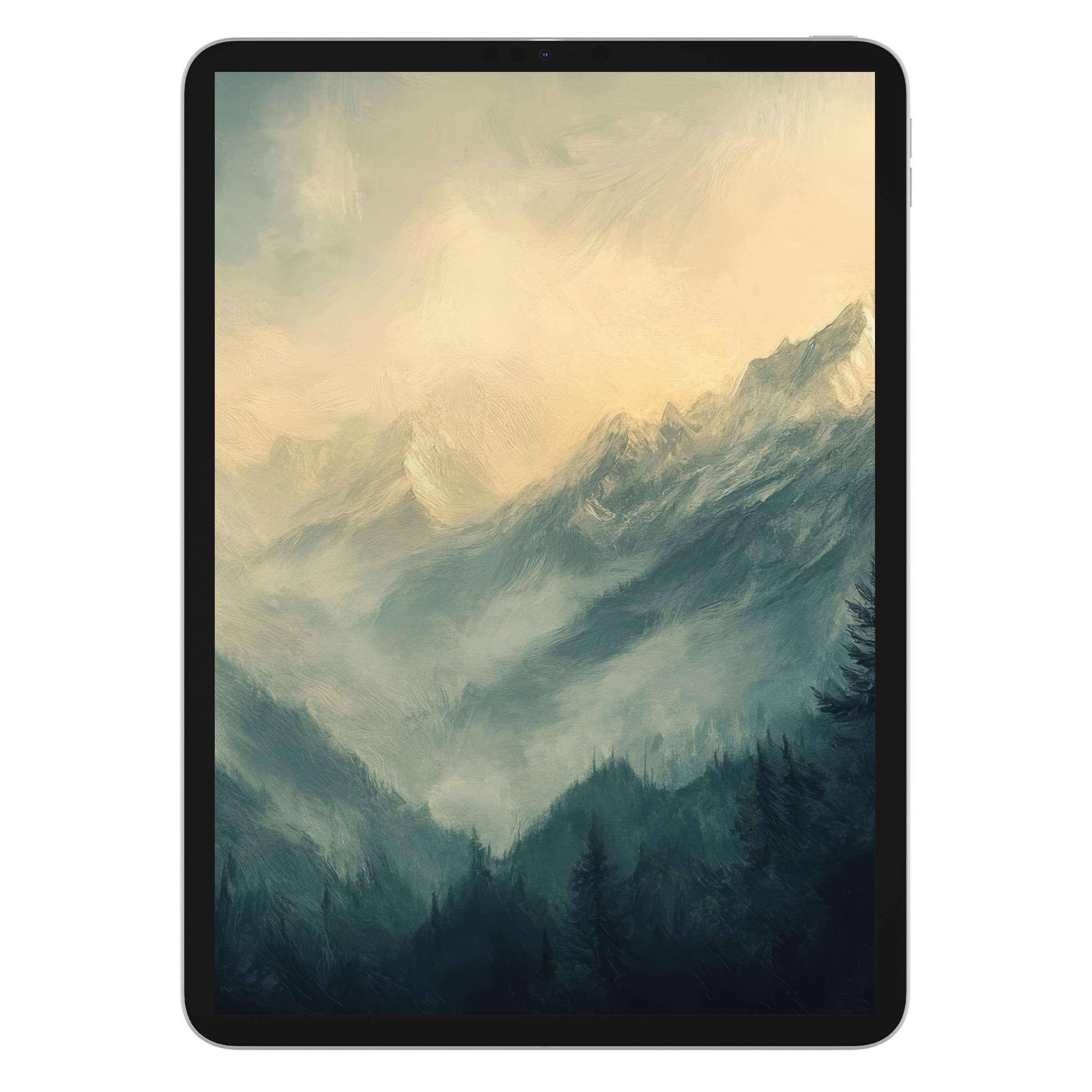 Misty mountain landscape iPad wallpaper with a serene, textured digital download background for tablet elegance and peace