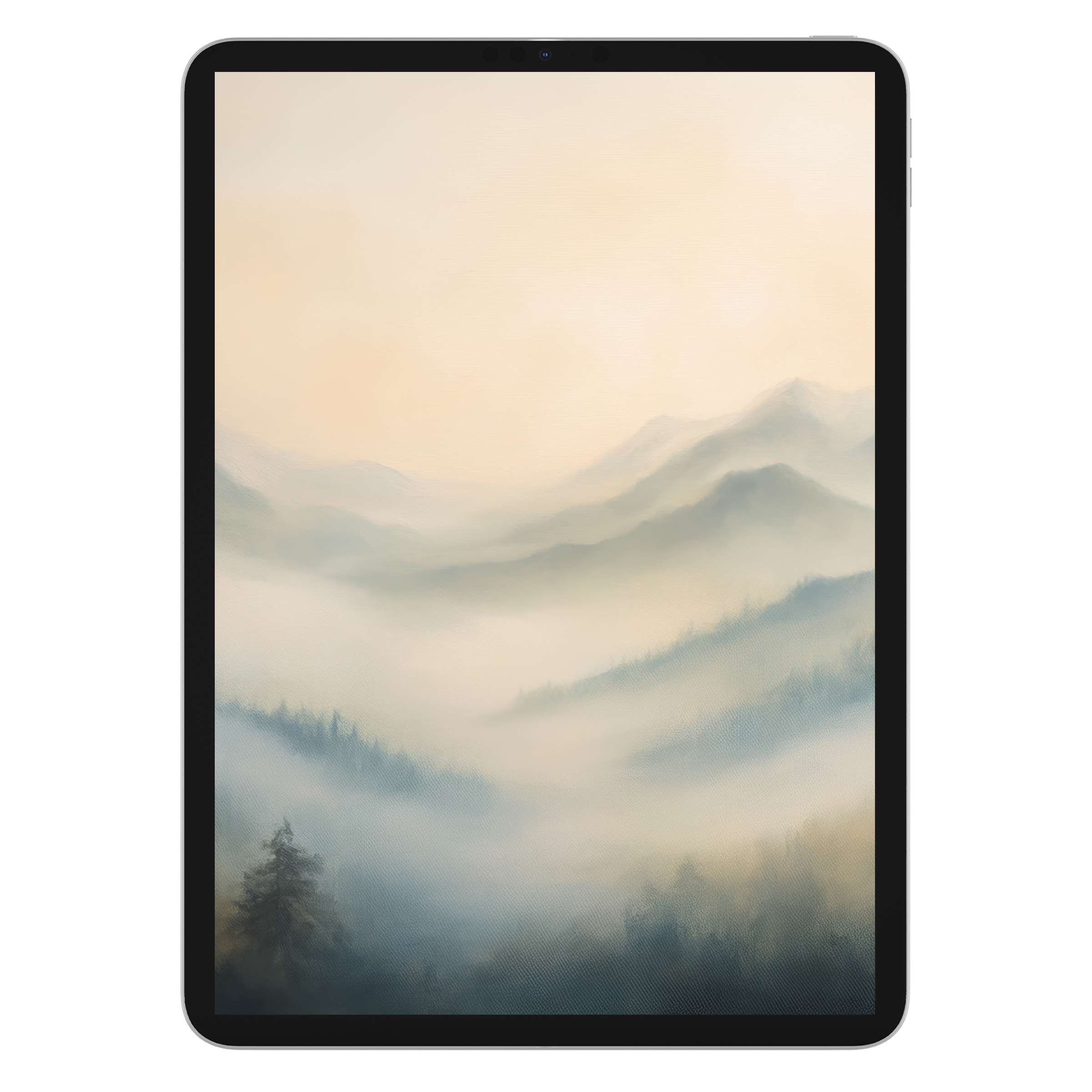 Elegant landscape iPad wallpaper with misty mountains, creating a serene digital download background for tablet aesthetics and tranquility