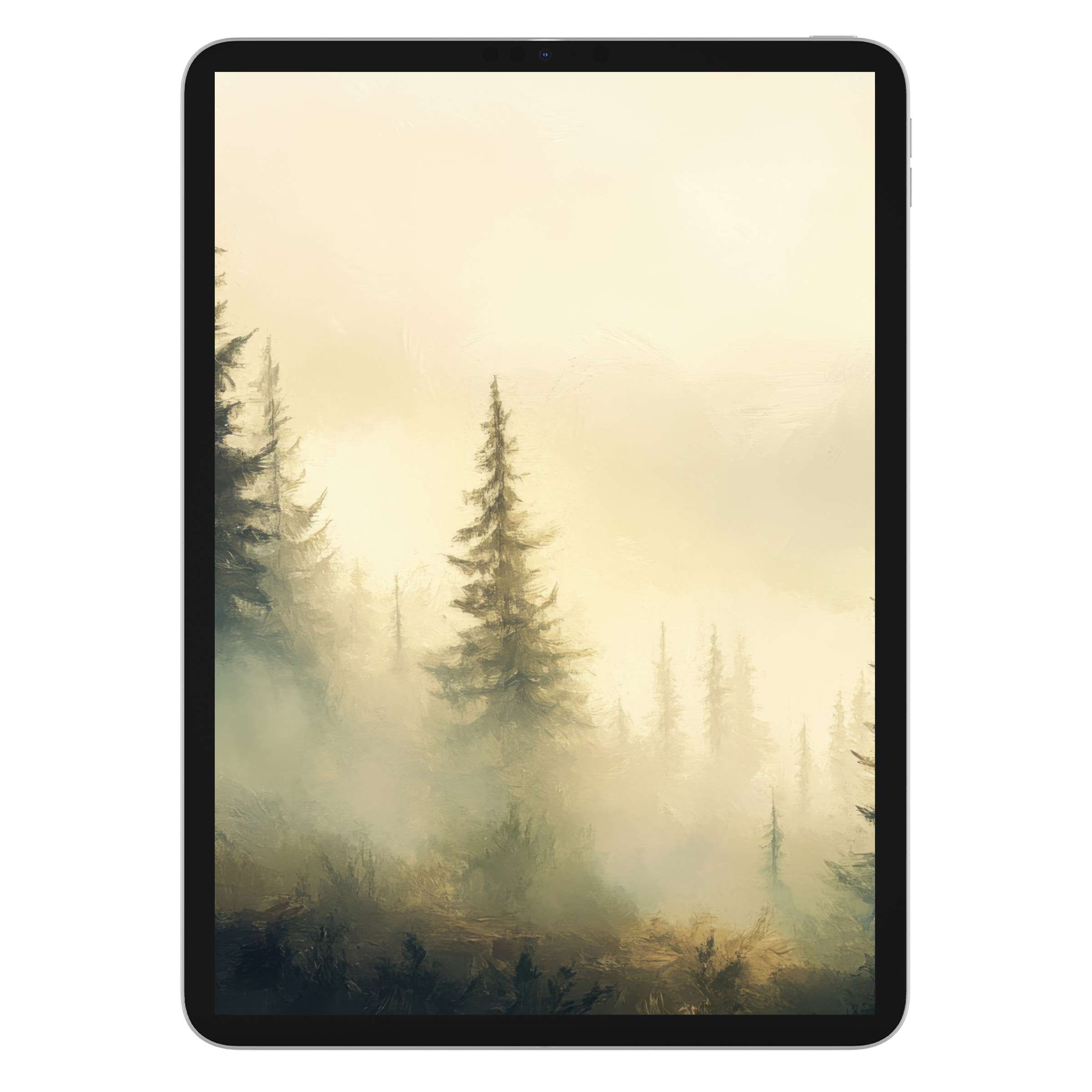 Misty forest landscape iPad wallpaper for tablet backgrounds offers a tranquil digital download in soothing earthy tones and textures