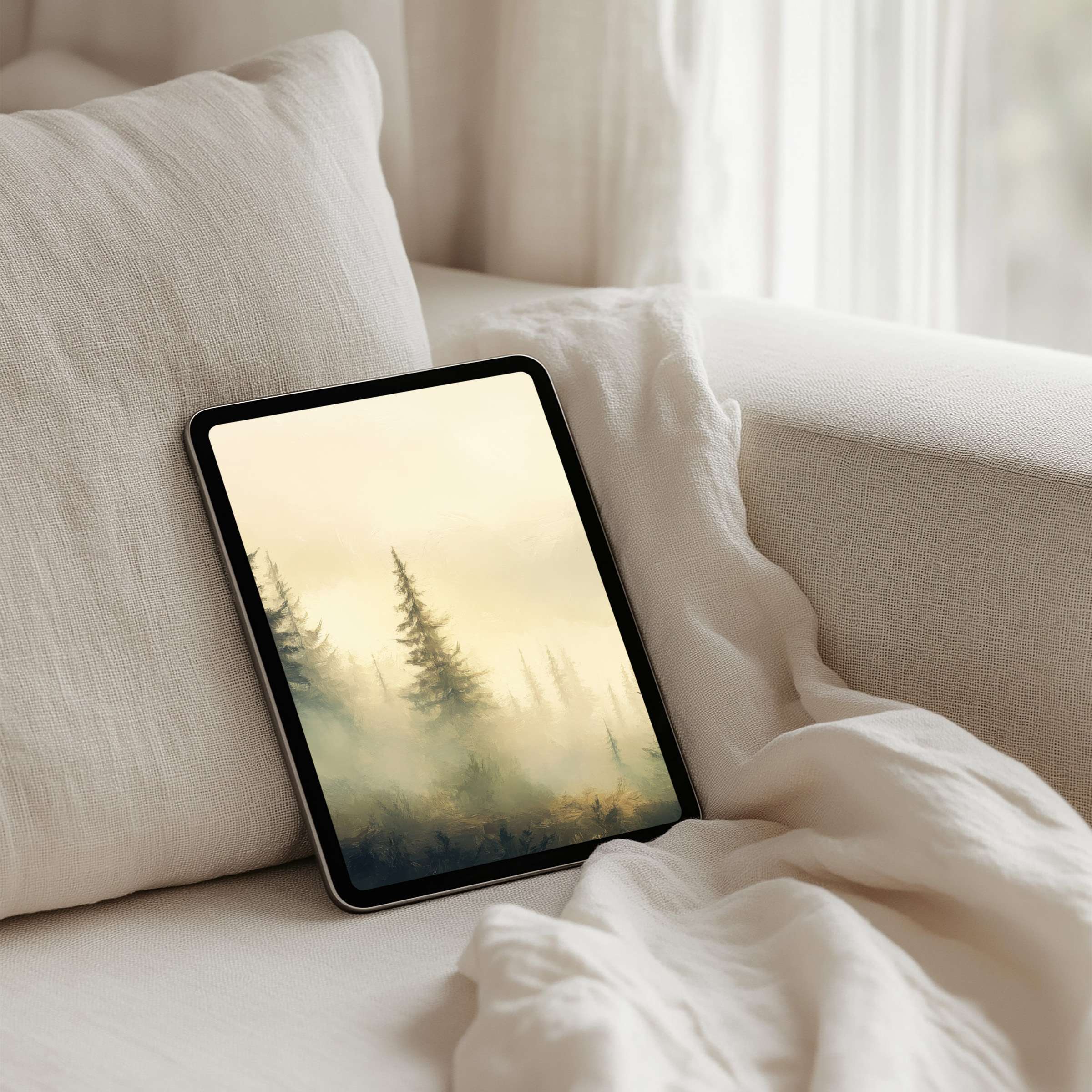 Serene iPad background featuring misty forest scene evokes calm and elegance, perfect for tablet users seeking instant download inspiration
