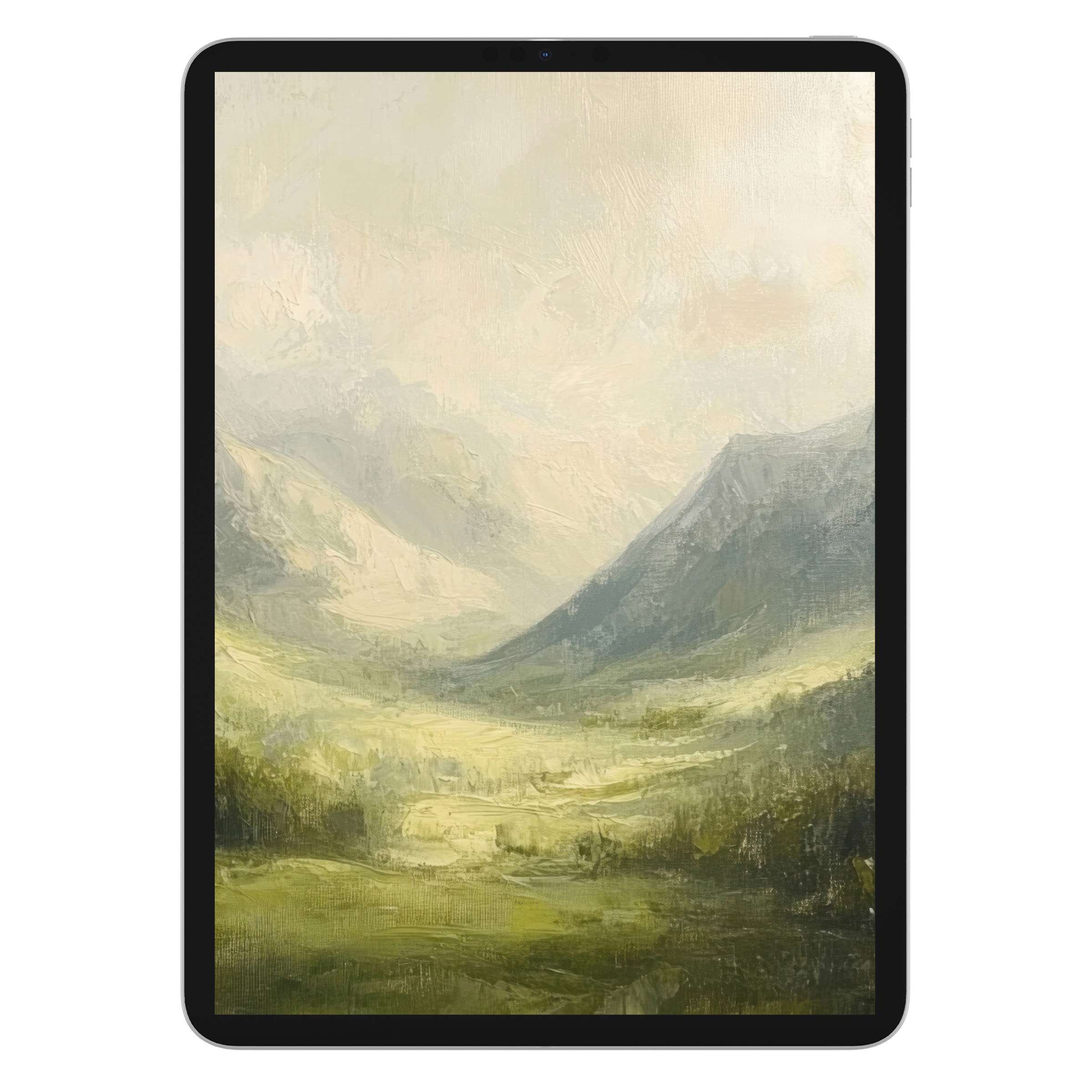 Elegant landscape iPad wallpaper with soft, muted greens and textured brushstrokes for serene digital download tablet background