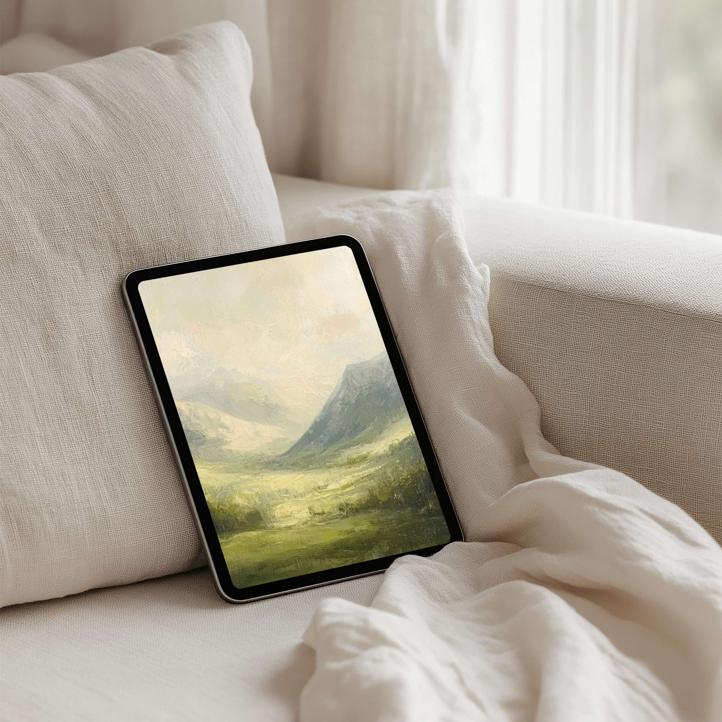 Serene mountain vista for iPad background on a cozy tablet setting inspiring elegance and calm instant download for mindfulness