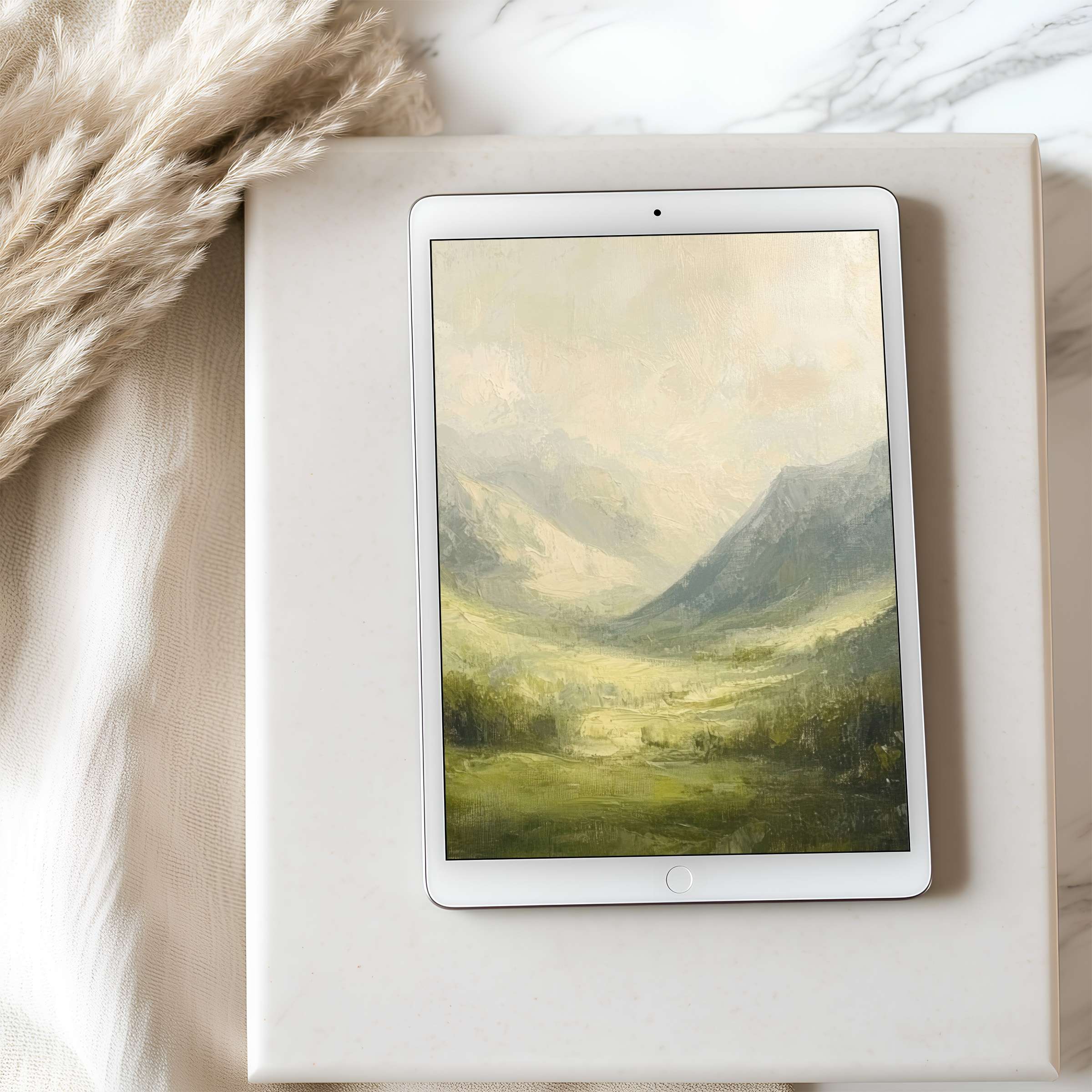 Tranquil landscape tablet wallpaper in high resolution with soft greens and beige, perfect for any iPad or Android tablet download