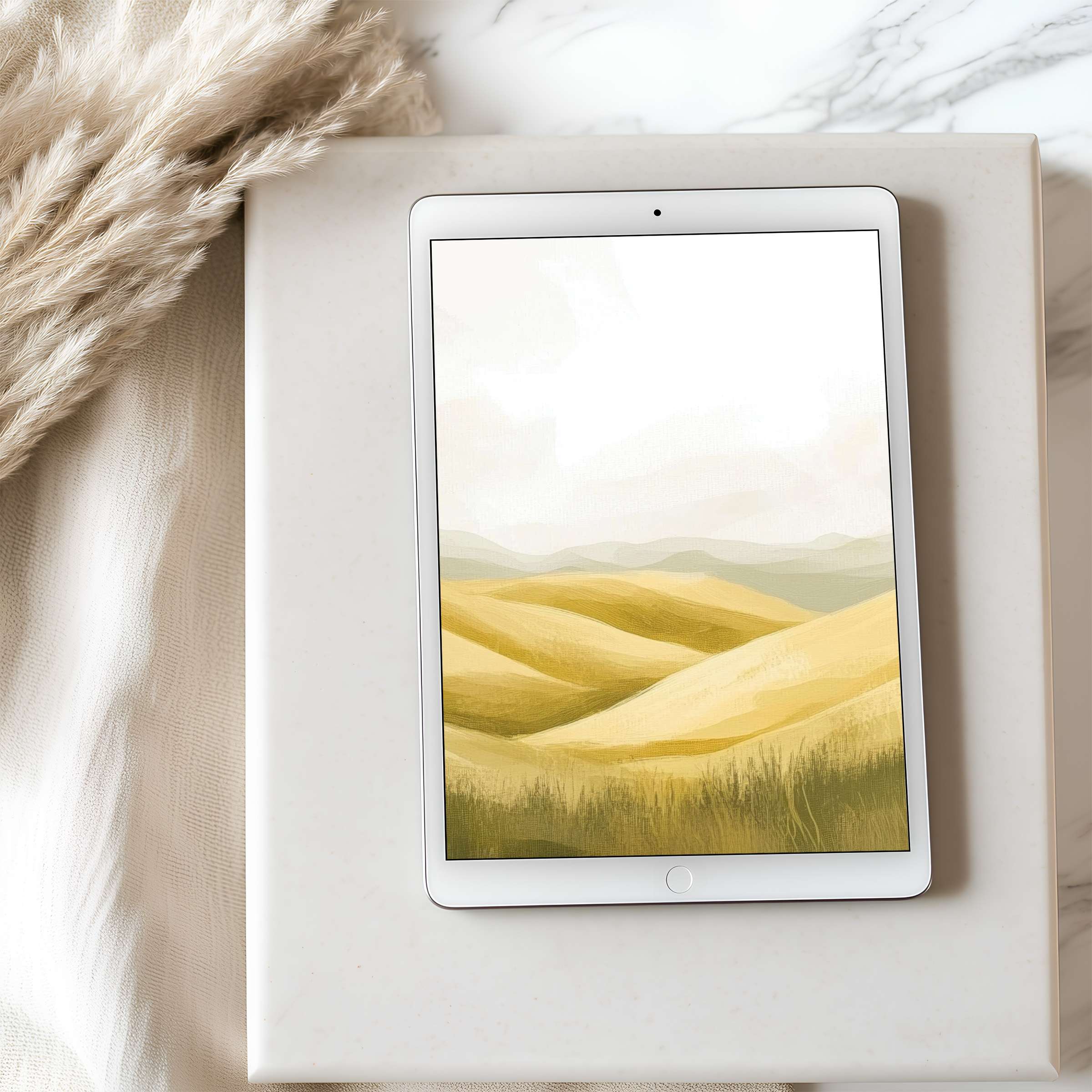 Serene tablet wallpaper featuring golden hills in a soft, minimalistic style, perfect for iPad or Android digital download enthusiasts
