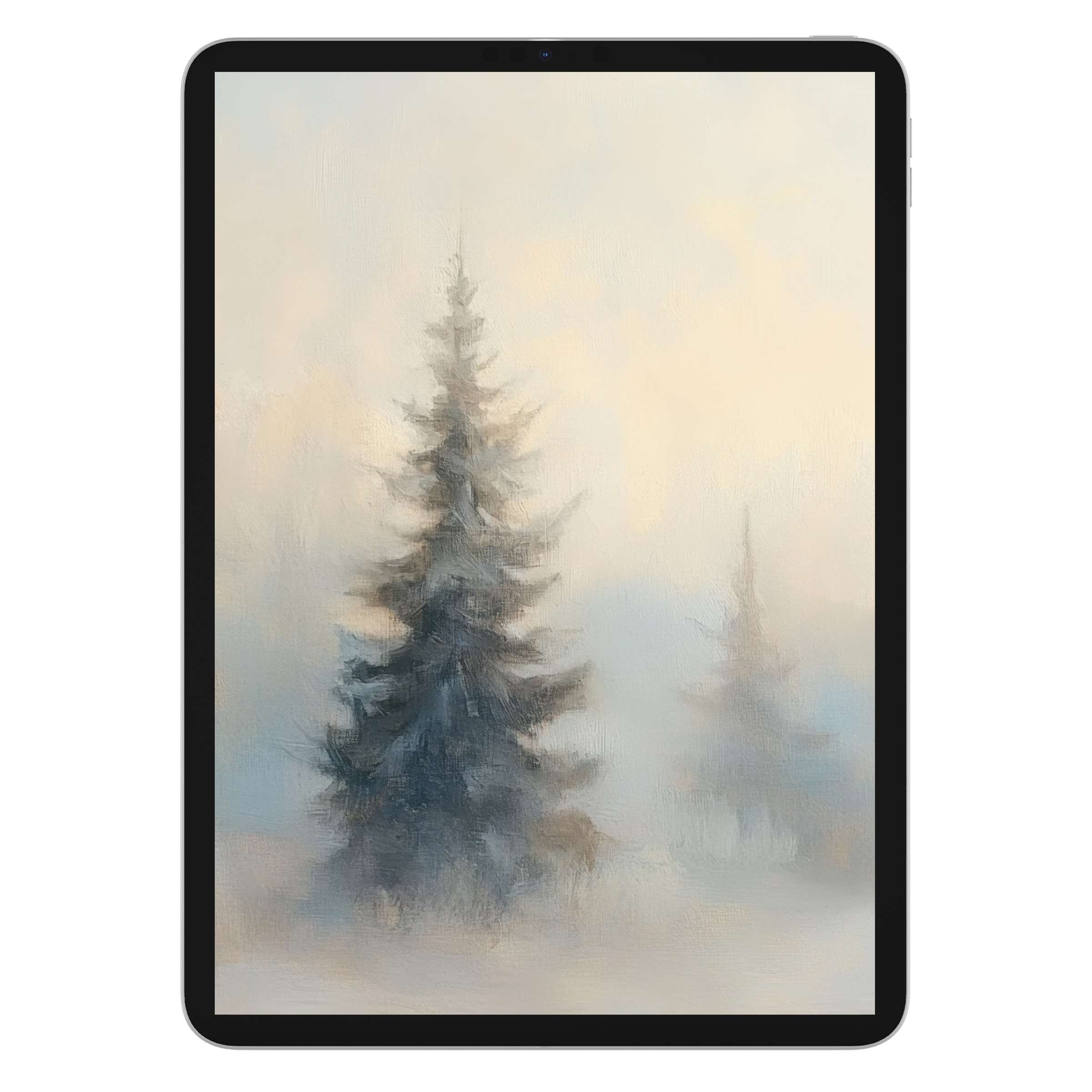 Misty landscape iPad wallpaper featuring serene evergreen trees in soft pastels, perfect digital download for an elegant tablet background