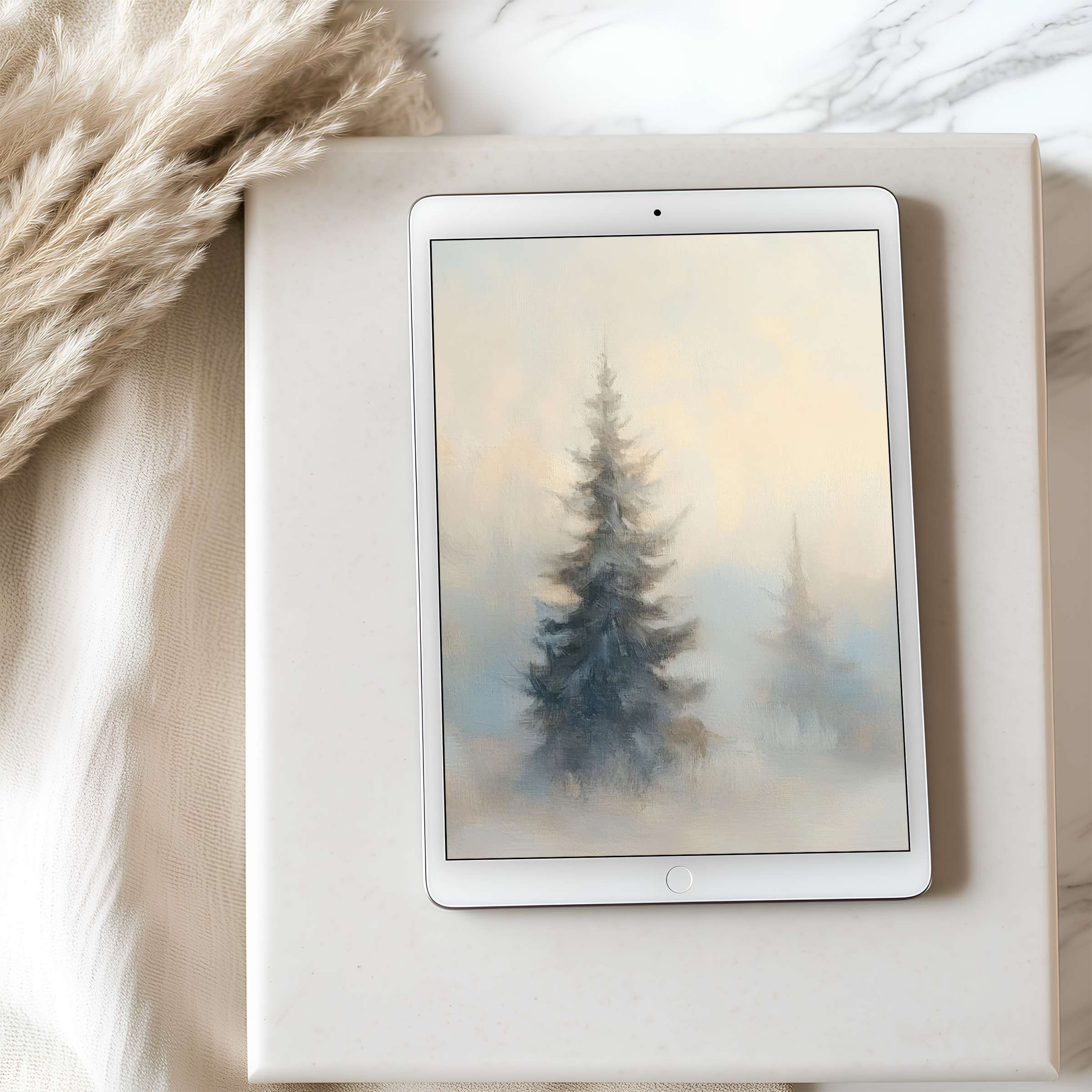 Serene evergreen art on tablet wallpaper in high resolution evokes tranquility and elegance, ideal for iPad and Android downloads