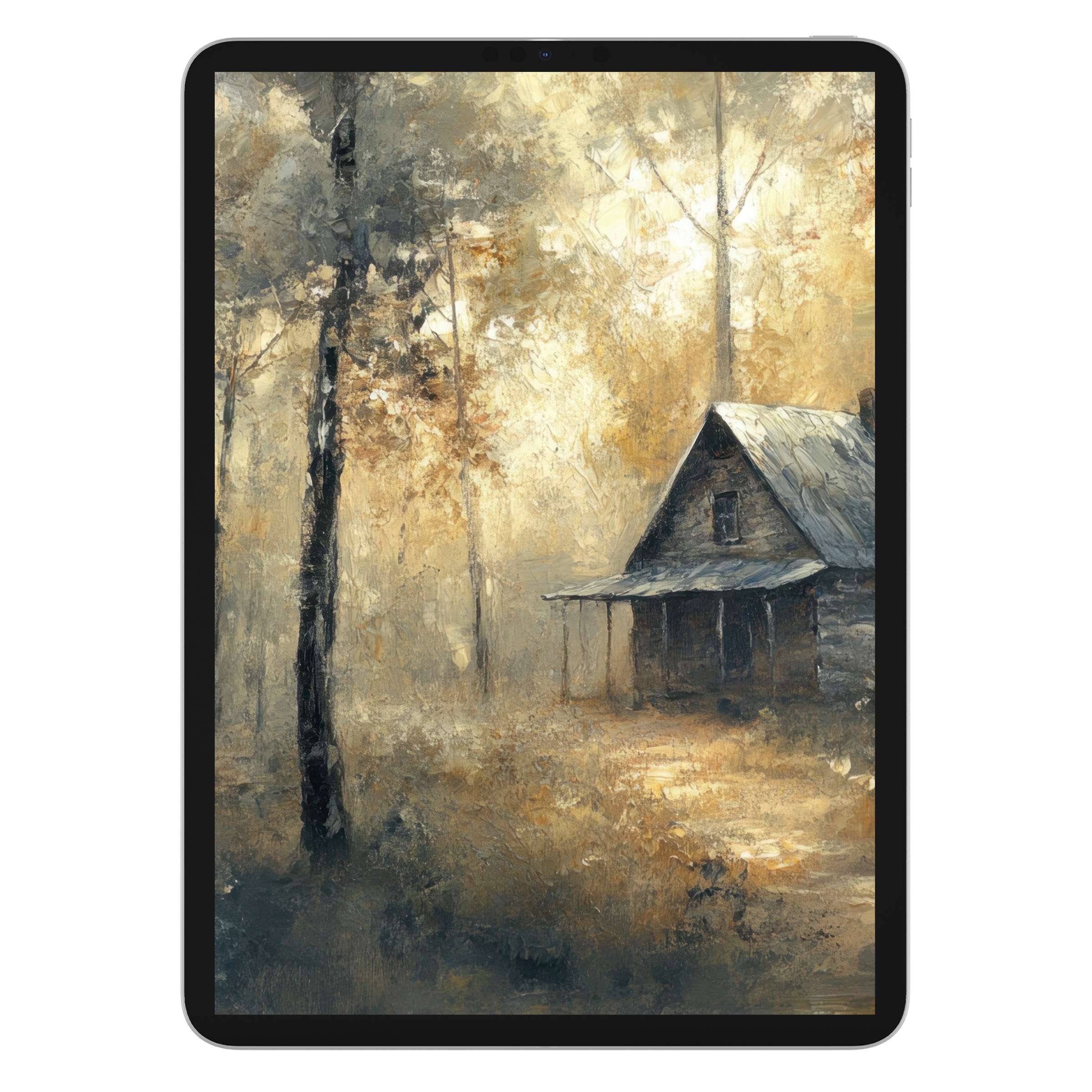 Serene landscape iPad wallpaper featuring a rustic cabin and autumn forest, perfect digital download for calming tablet background use