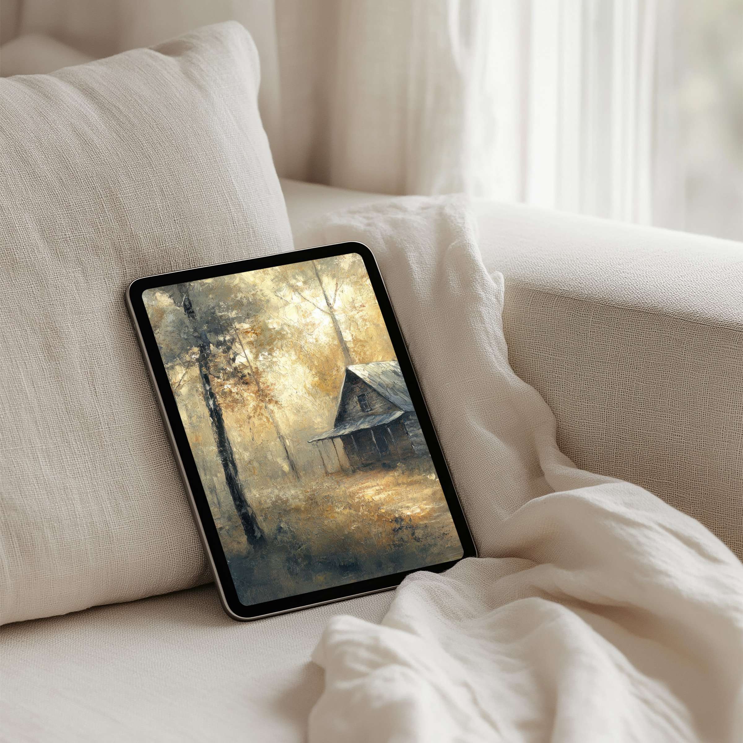 Elegant iPad background art depicting a serene forest cabin, perfect for instant download on tablets, inspiring calm and mindfulness