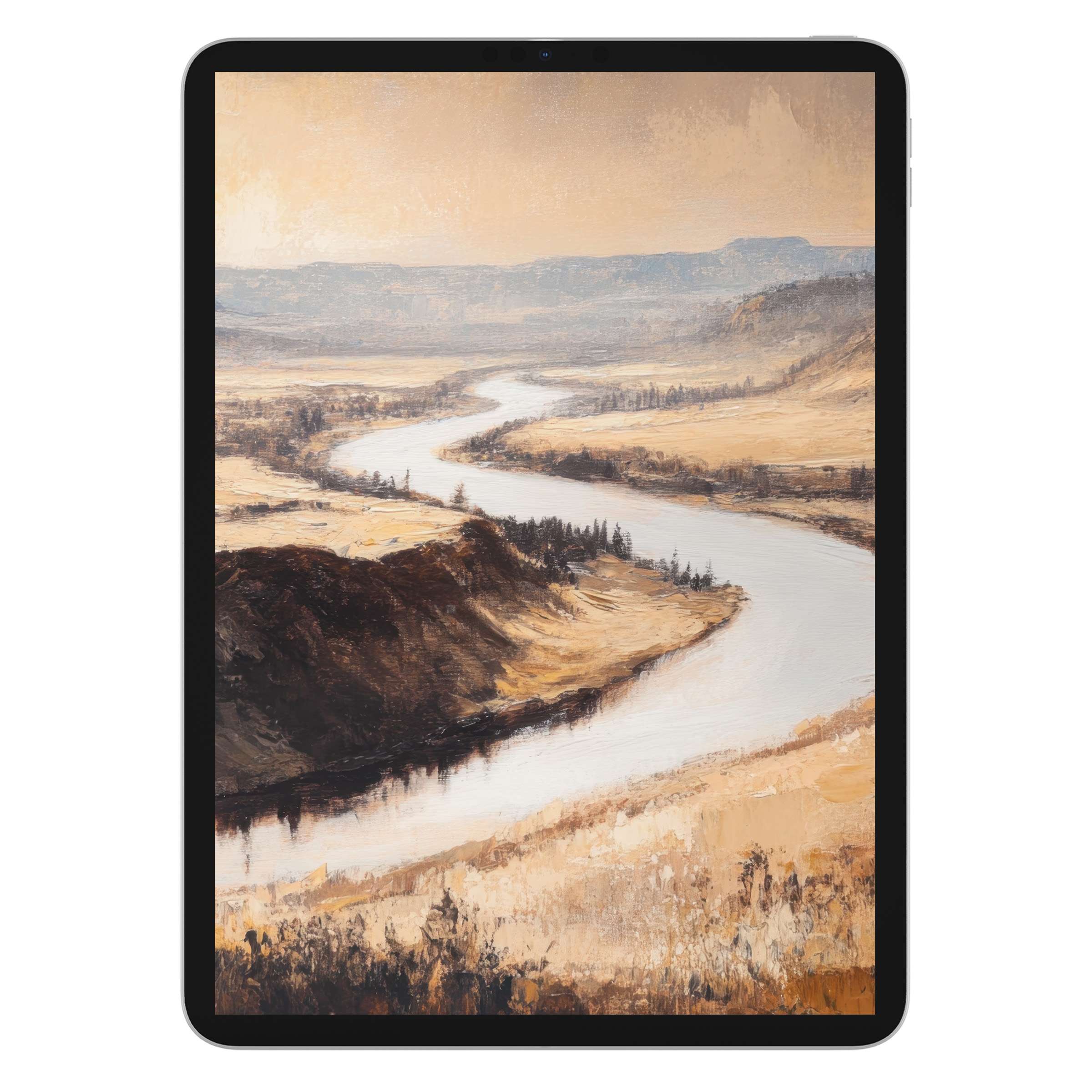 Elegant landscape iPad wallpaper with serene river, earthy tones, perfect digital download background for tablet tranquility and aesthetics
