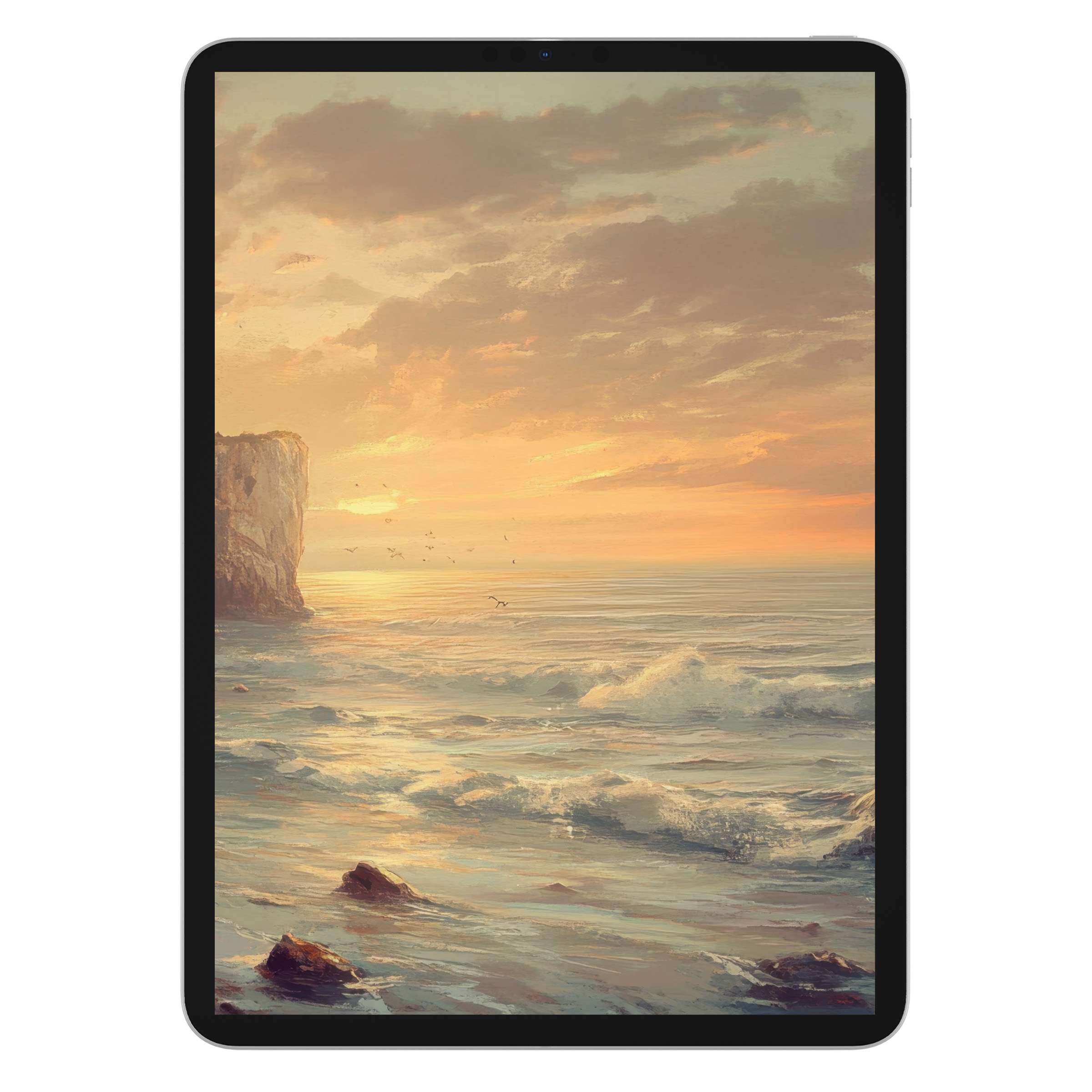 Elegant landscape iPad wallpaper with serene sunset over ocean waves as digital download for calming tablet background appeal