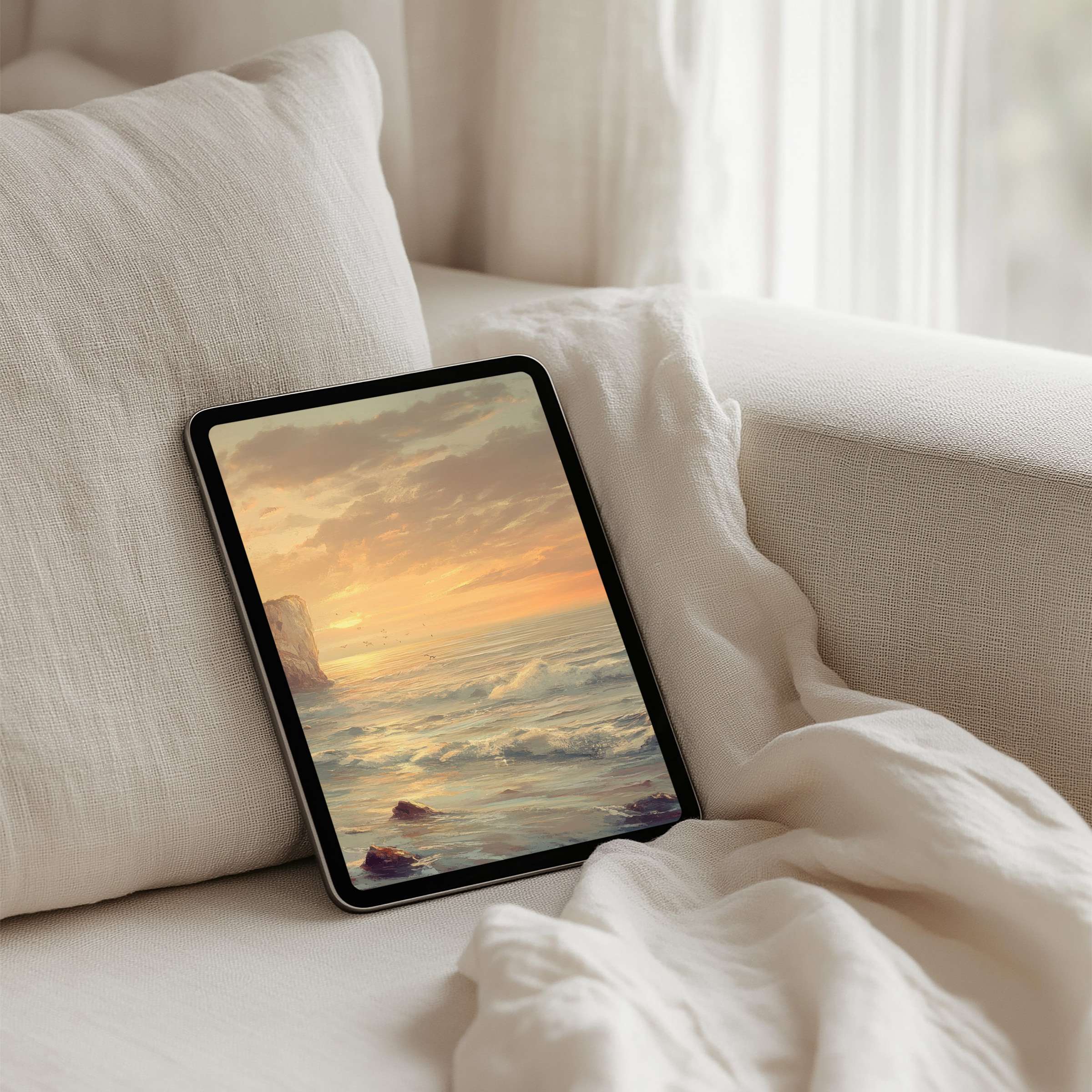 Elegant iPad background showcasing serene seaside sunset for instant download elevates tablet ambiance with inspiration and calm tranquility