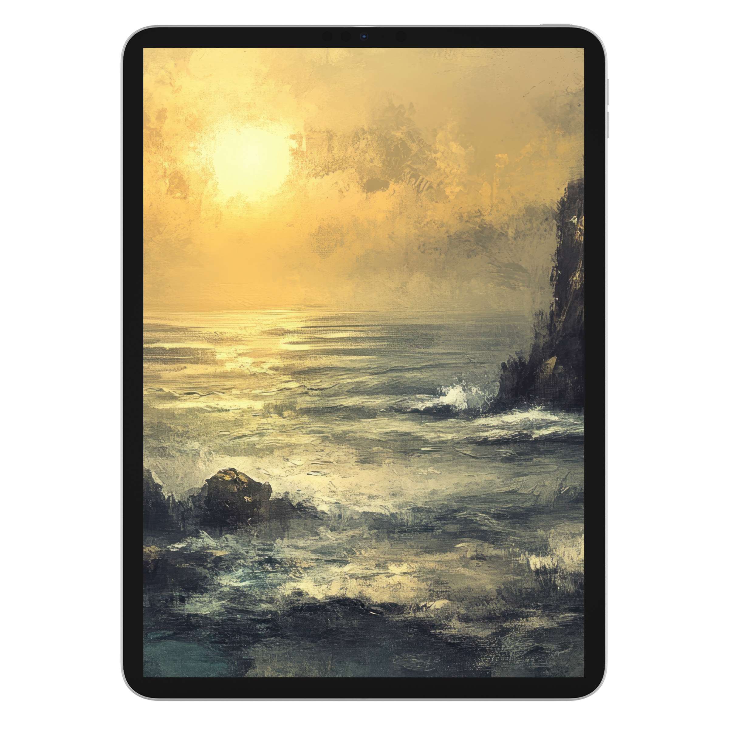 Golden sunset seascape in an impressionist style, offering a soothing landscape iPad wallpaper for your tablet background, digital download