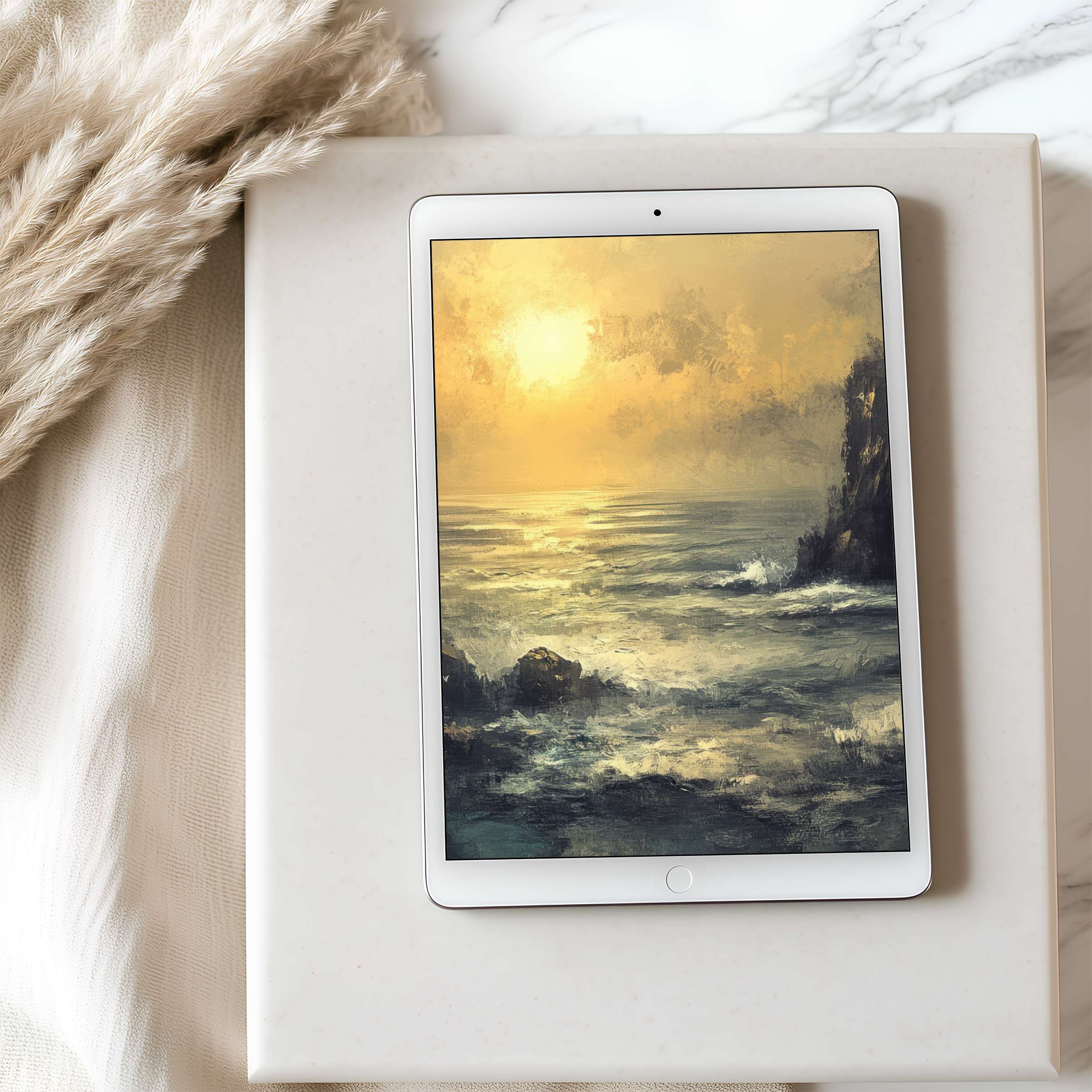 Serene sunset ocean scene as tablet wallpaper in high resolution exudes tranquility perfect for iPad and Android digital downloads