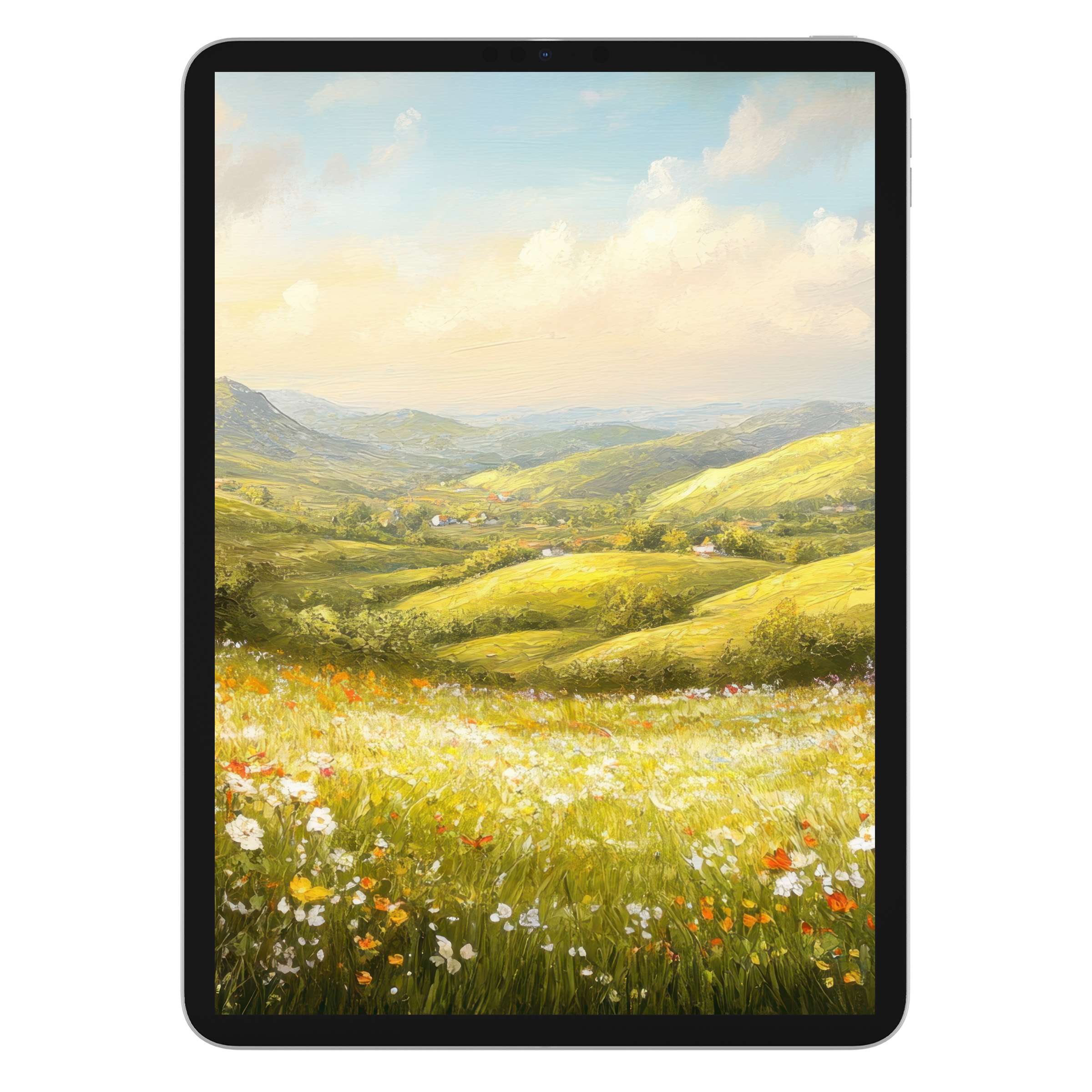 Vibrant landscape iPad wallpaper showcasing serene yellow hills and wildflowers, ideal for tablet background digital download users