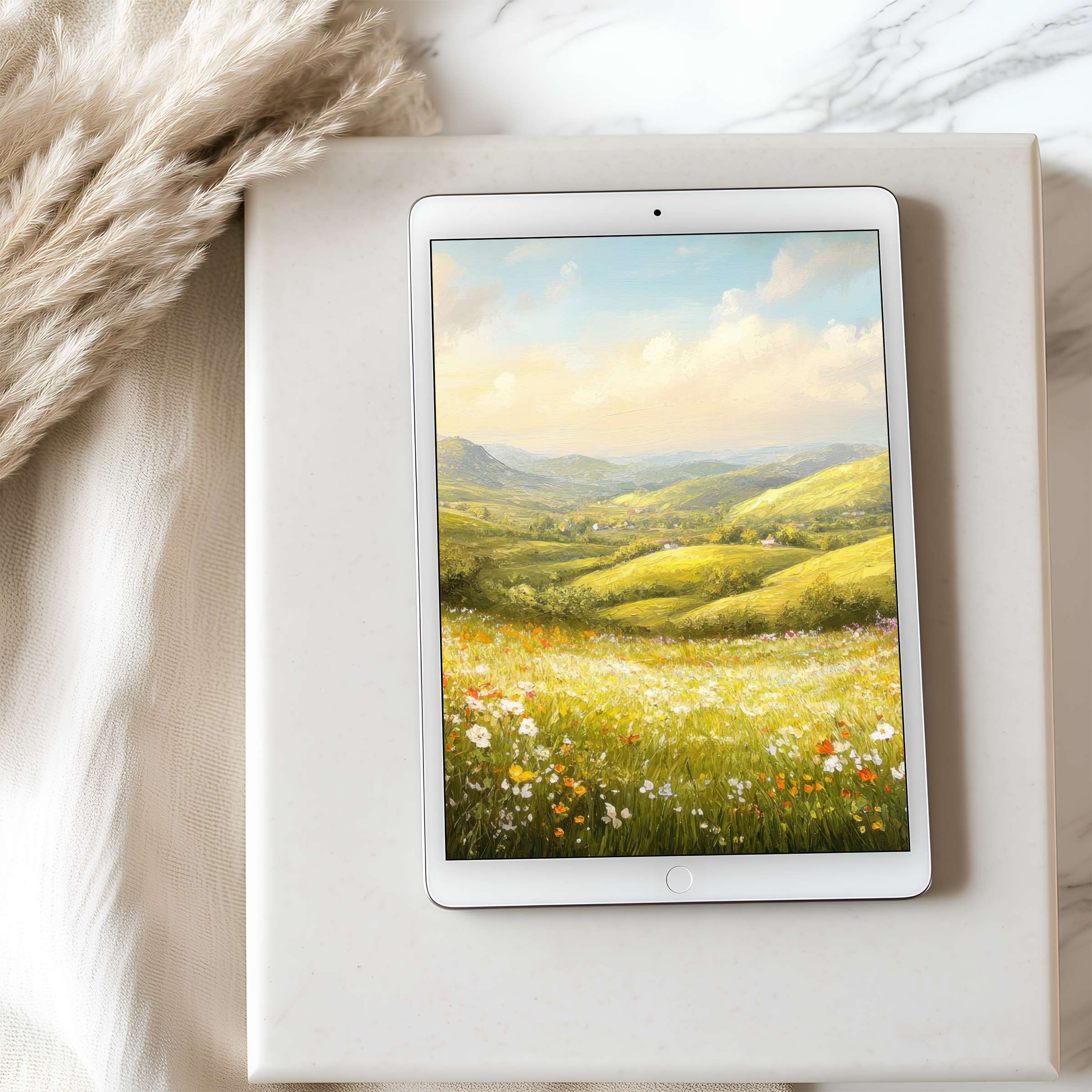 Tranquil landscape tablet wallpaper with lush green hills and wildflowers in high resolution perfect for iPad and Android download