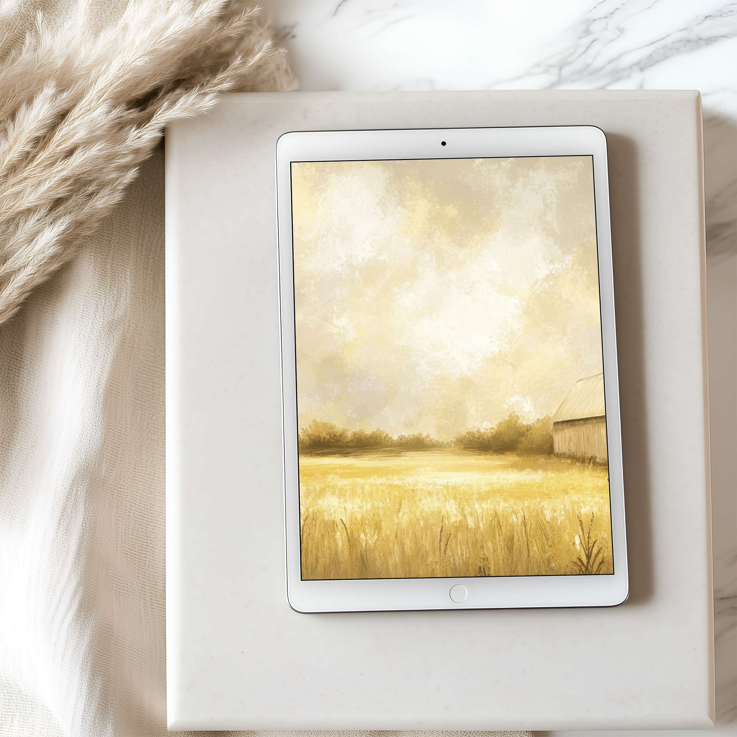 Elegant tablet wallpaper featuring a serene golden landscape painting perfect for iPad and Android tablets ideal for digital download
