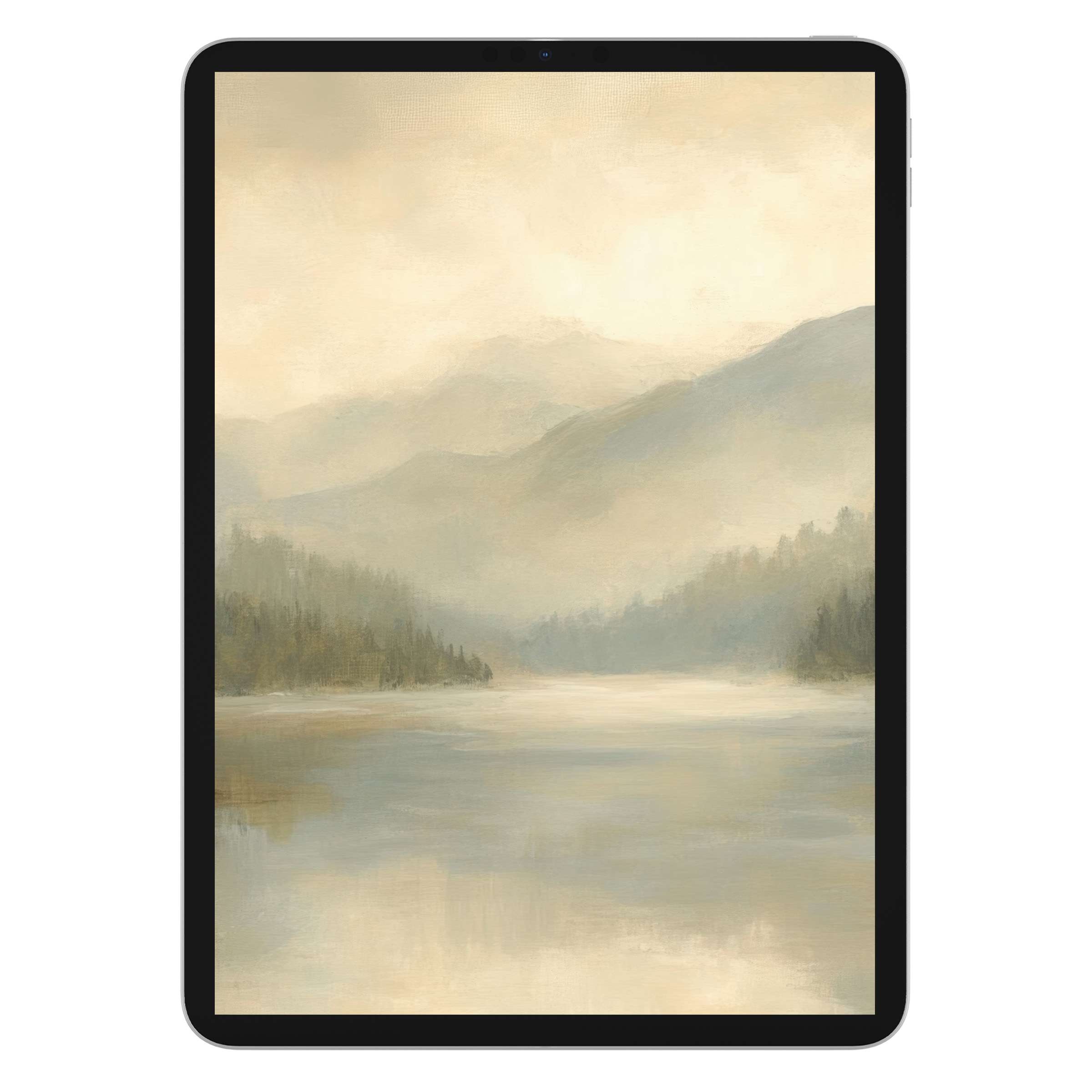 Tranquil landscape iPad wallpaper in soft beige and blue tones offers an elegant digital download for tablet background enthusiasts